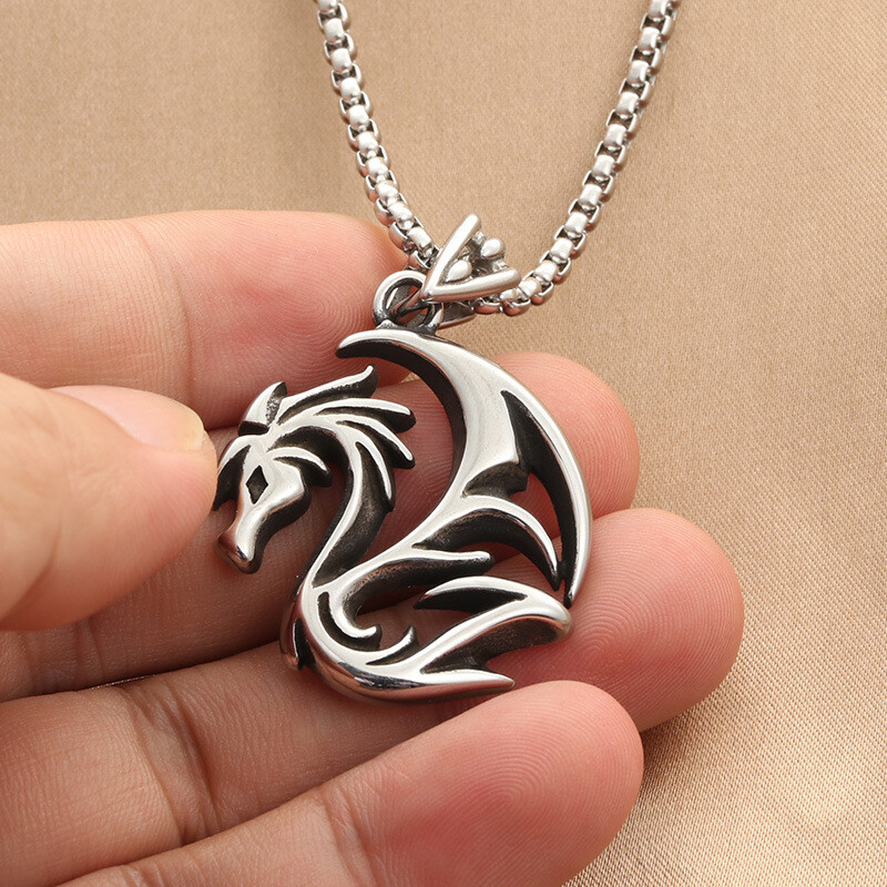 Mens Punk Gothic Dragon Pendant Necklace Punk Rock Biker Jewelry Box Chain 24″