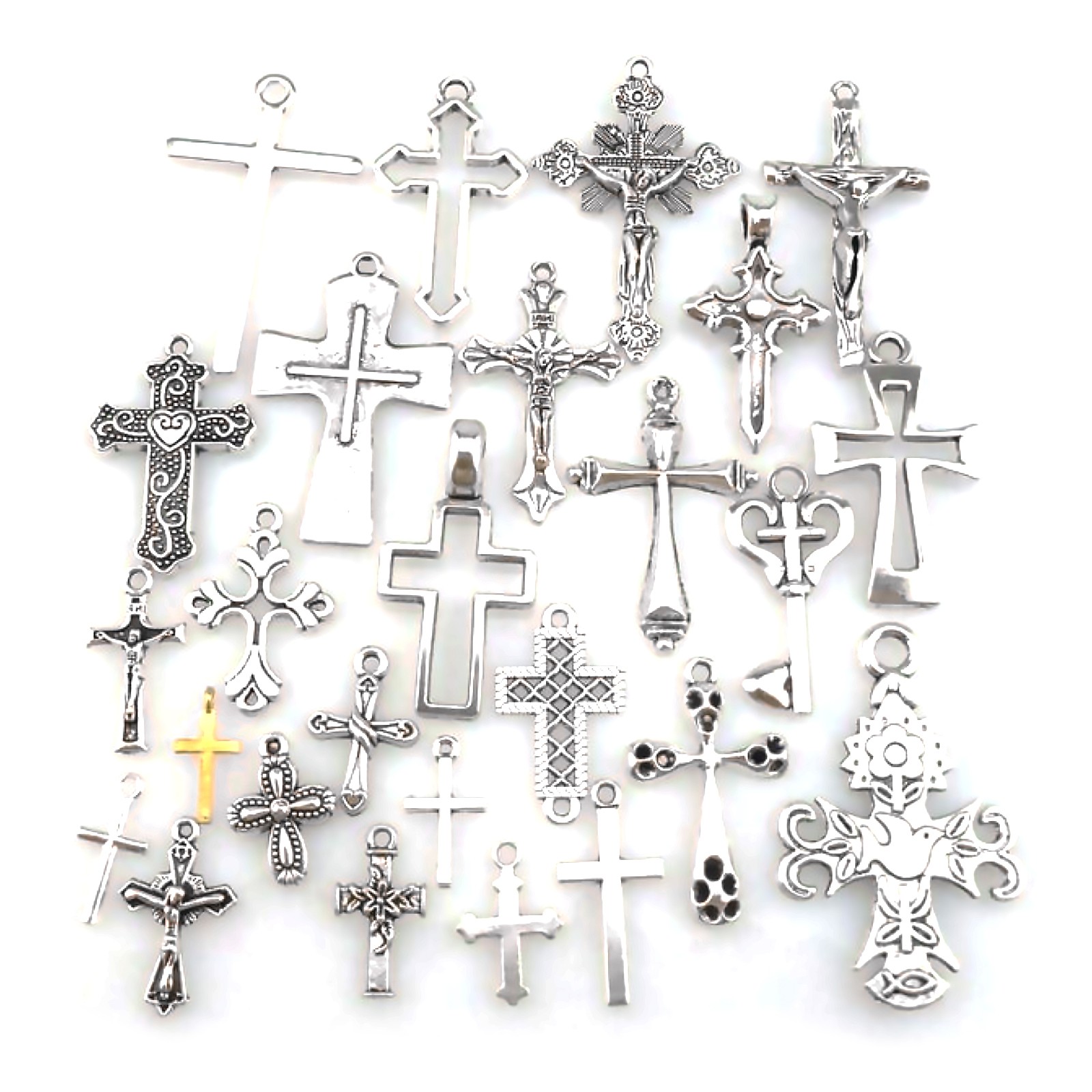 25* MIX Cross Pendant Vintage Antique Silver Tone Alloy Faith Religious Charm