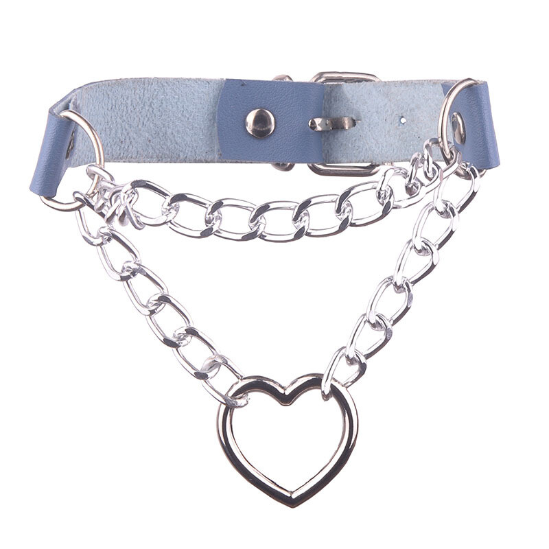 Gothic Punk Leather Chains Choker Collar with Heart Pendant Necklace Neckband