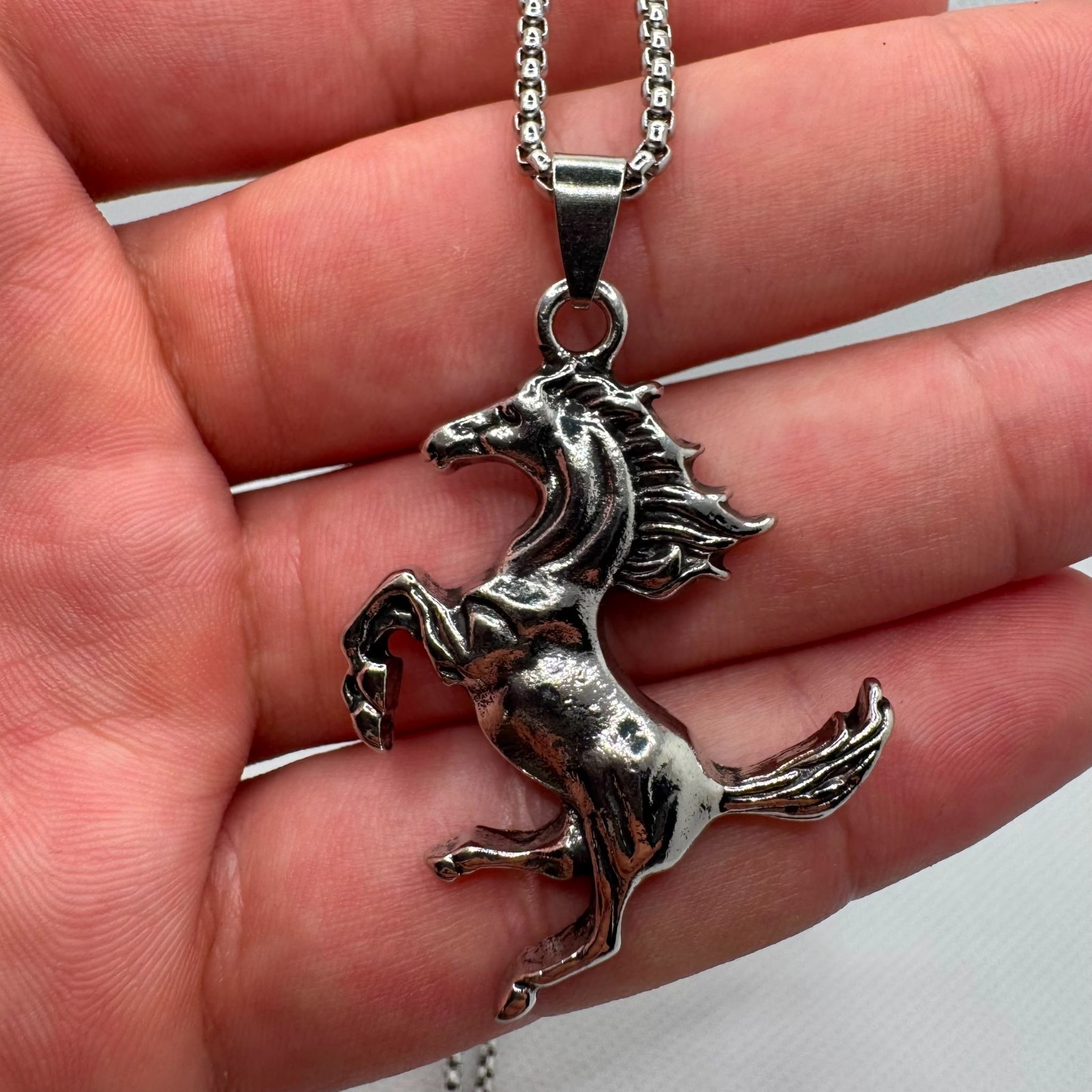 Wild Horse Pendant Necklace Silver Tone Rearing Stallion Equestrian Jewelry Gift