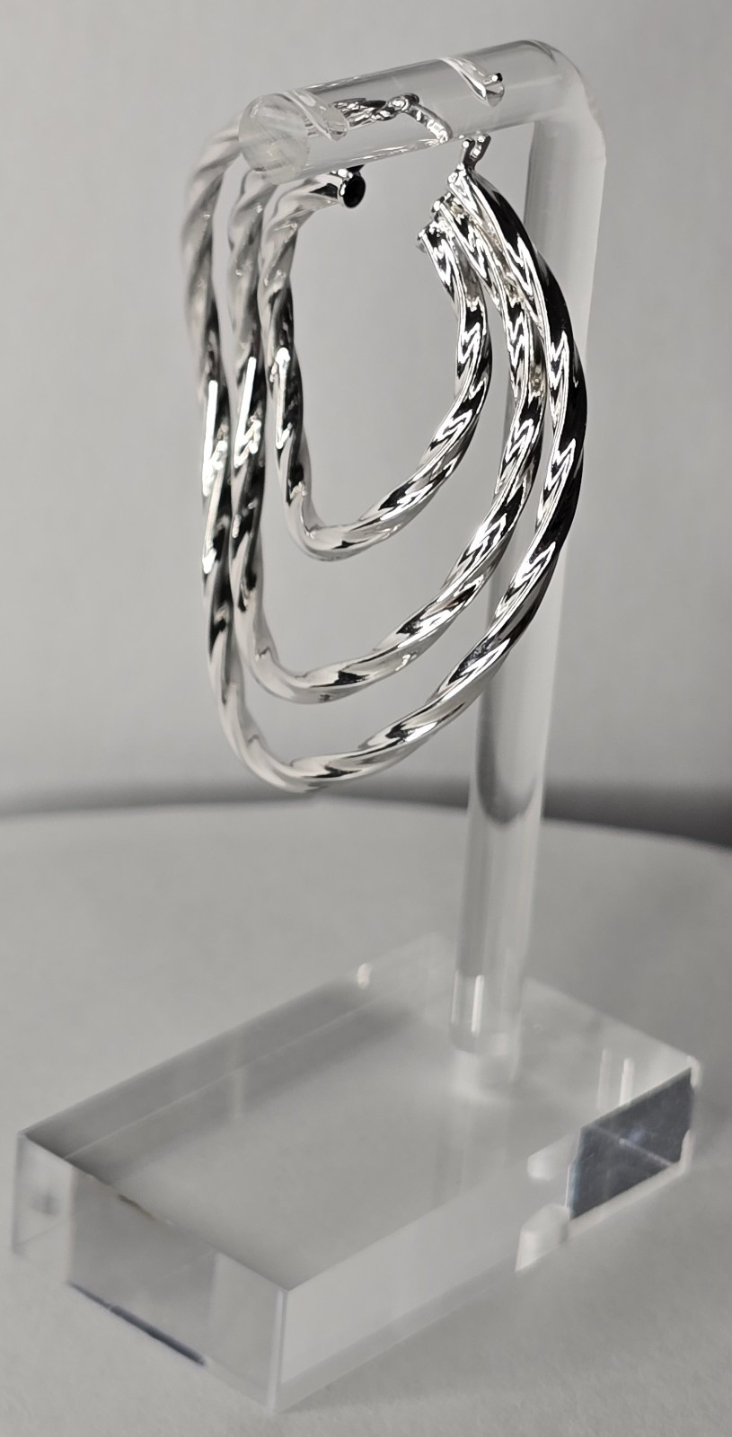 Hoops Earrings Bold Platinum Plated Wavy Twisted Triple Circles, Hinged Closures