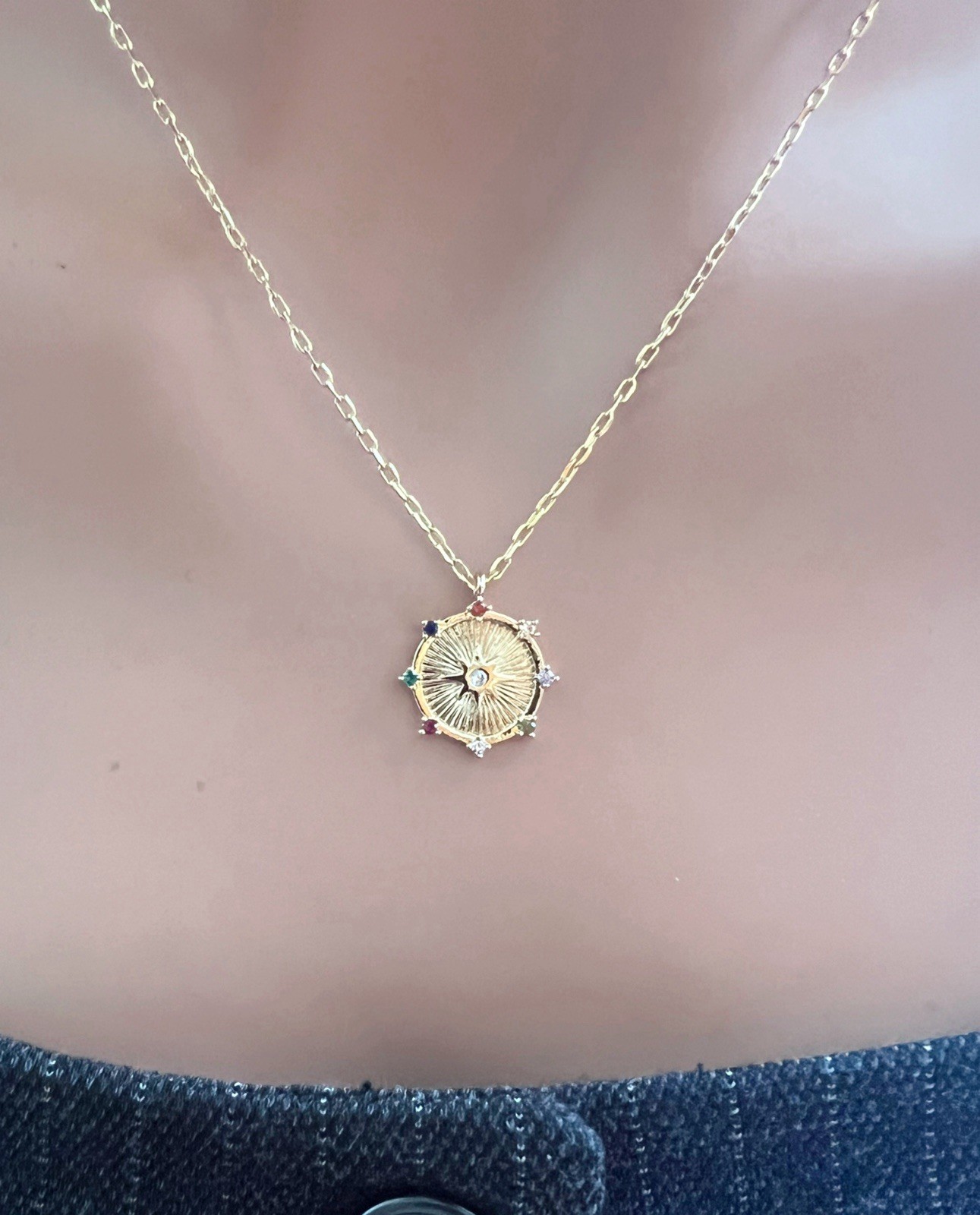 Gold Medallion Pendant Necklace CZ Pendant Necklace Gold Chain Necklace Gift