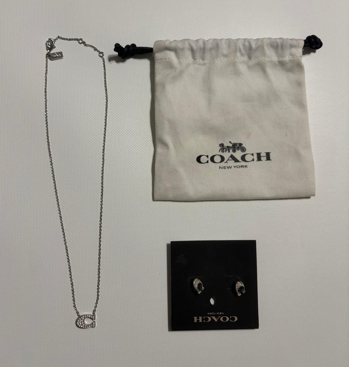 Coach Silver Tone Pavé Crystal C Logo Pendant Necklace, Lobster Clasp, Dust Bag
