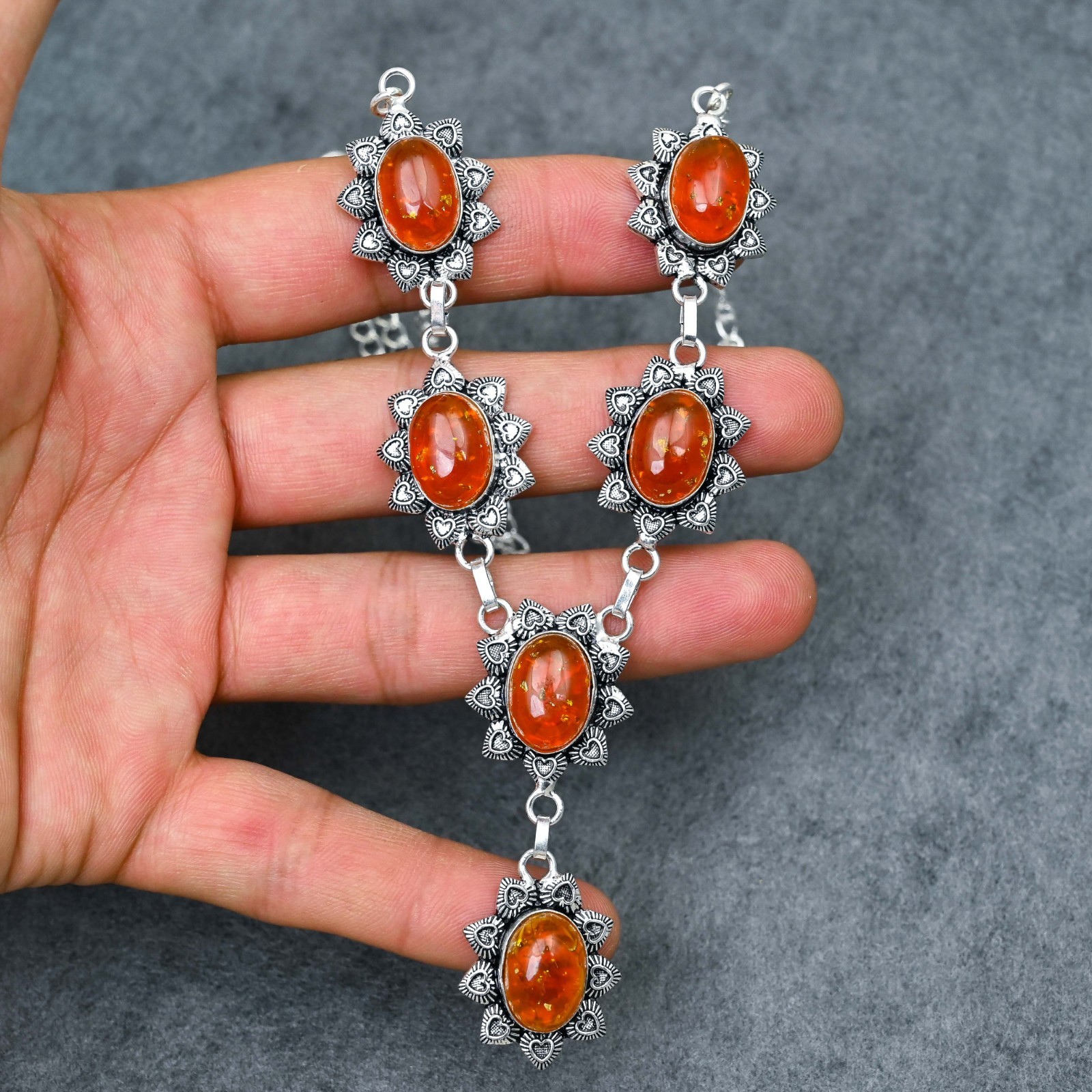 Silver Plated Amber Y-Necklace Multi-Stone Milgrain Cabochon Artisan Statement
