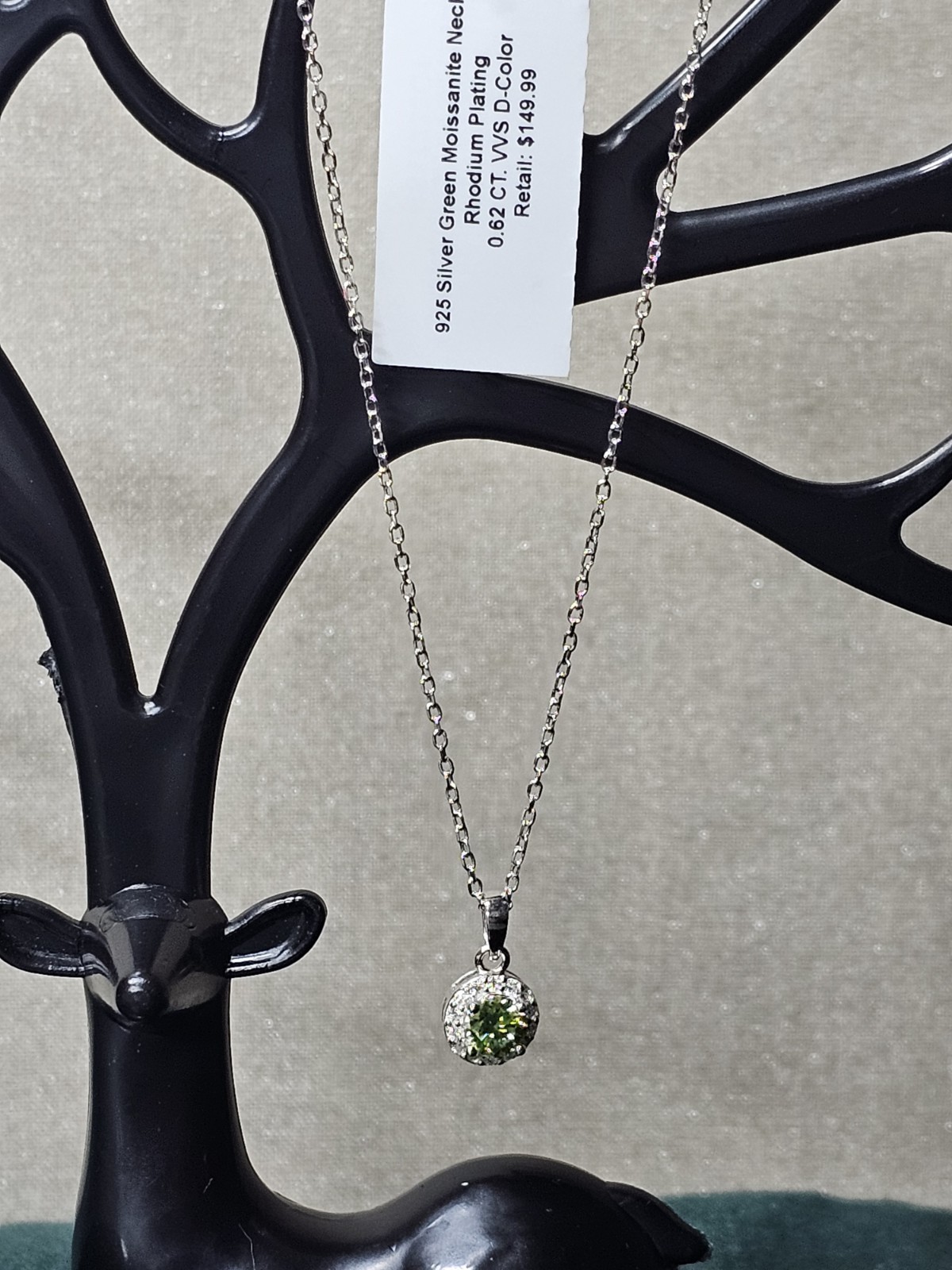 Sterling Silver GREEN Moissanite Necklace Rhodium Plated 16 In With 2in Ext.