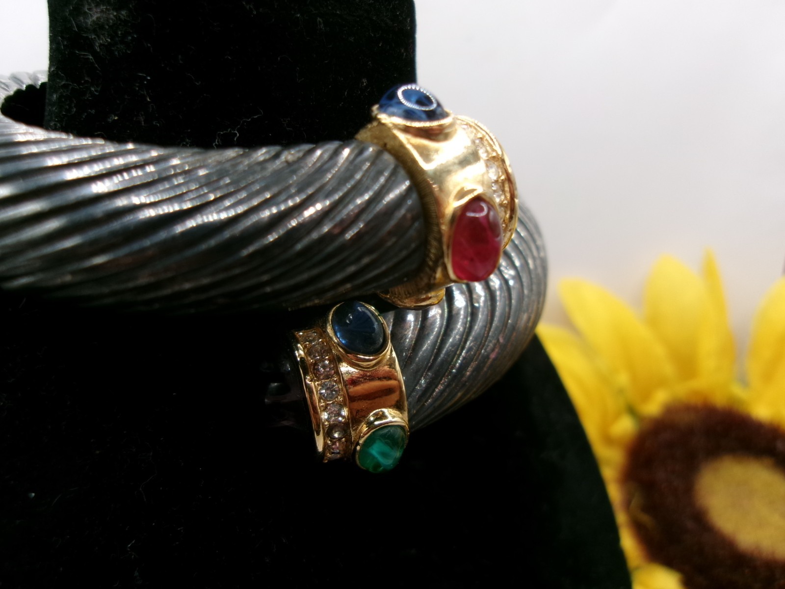 1980’s VINTAGE GIVENCHY GRIPOIX MULTI COLOR CABOCHON GUN METAL BYPASS BRACELET