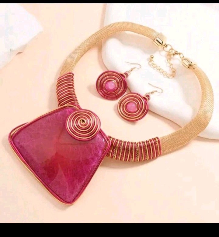 Wire-Woven Necklace Earrings Set Resin Trapezoid Pendant Ethnic Jewelry