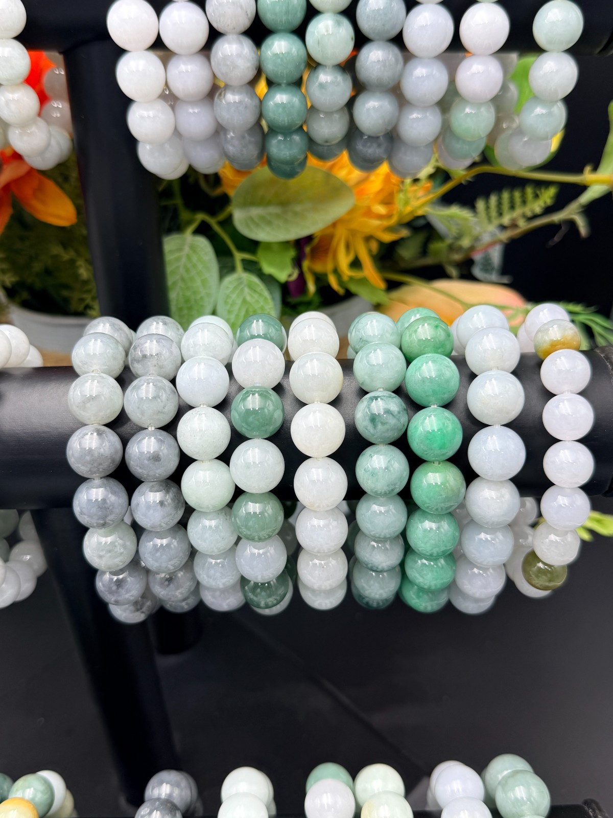 Certified Natural Jadeite Jade Beaded Bracelet Green Float FLWR 13.5 mm #100215