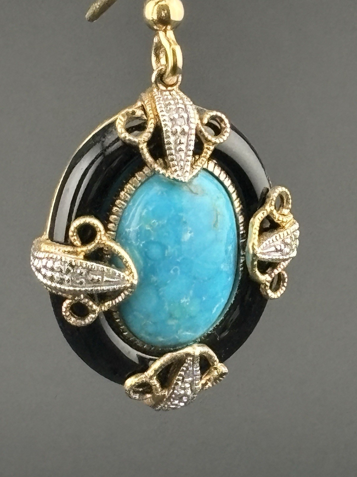 Genuine Turquoise Black Onyx 925 Sterling Silver Gold Tone Dangle Earrings