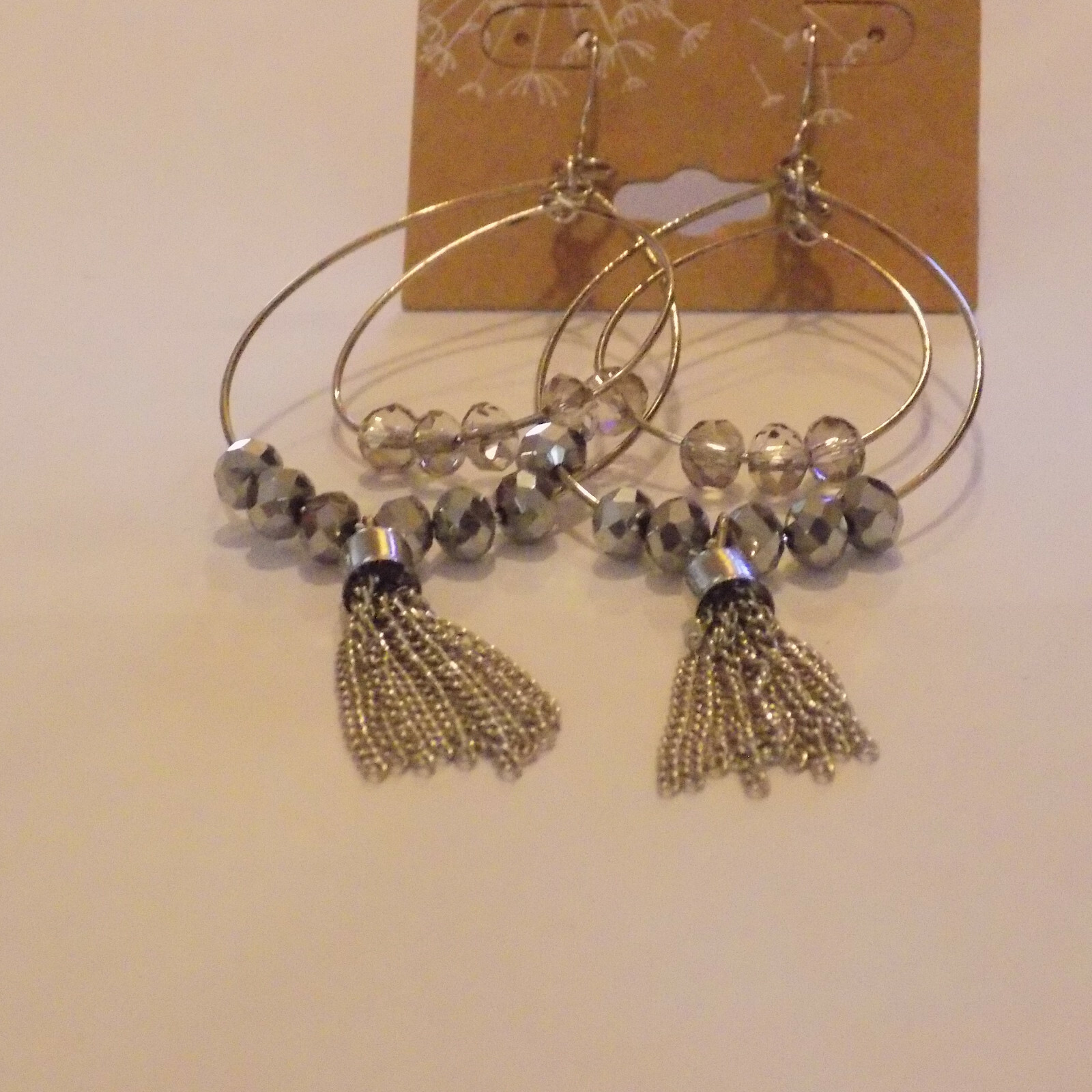 Pierce Earrings Silver-tone 4″ tall dangle earrings with beads & tassel (132)