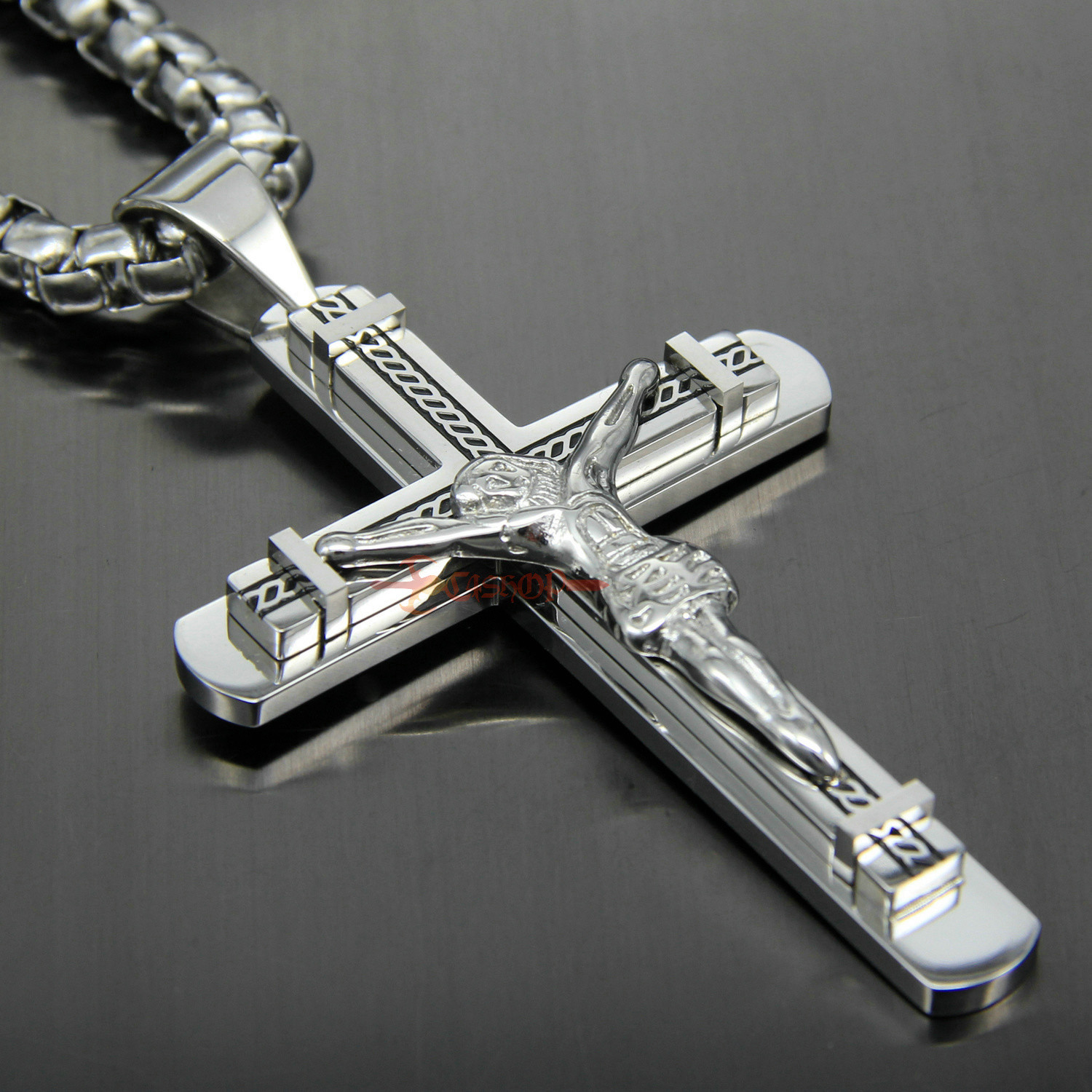 Heavy Catholic Jesus Christ INRI Cross Crucifix Stainless Steel Necklace Pendant