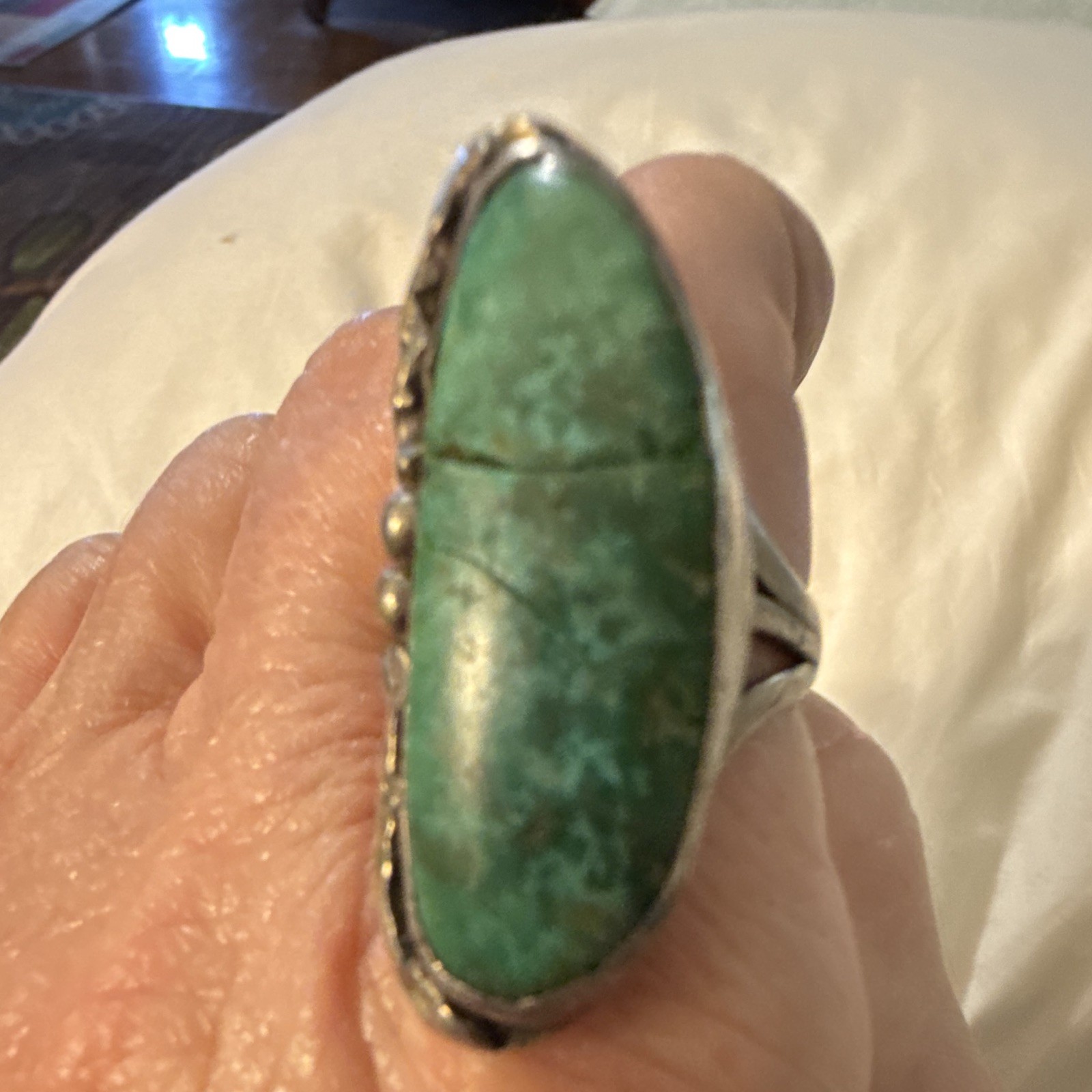 Silver-Tone Metal Statement Ring Marquise Green Turquoise Cabochon Bezel Size 9