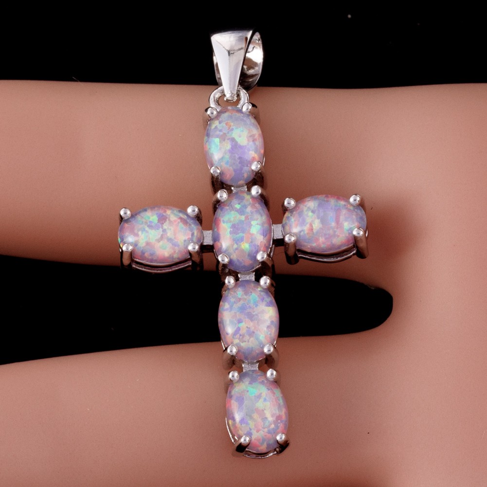 Latin Cross Lavender Purple Fire Opal Cabochon Silver Jewelry Necklace Pendant