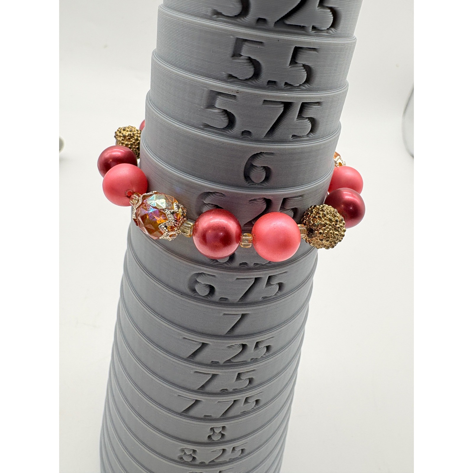 Handmade Pink Burgundy Faux Pearl Beaded Bracelet Gold Stardust Accents 6.25in