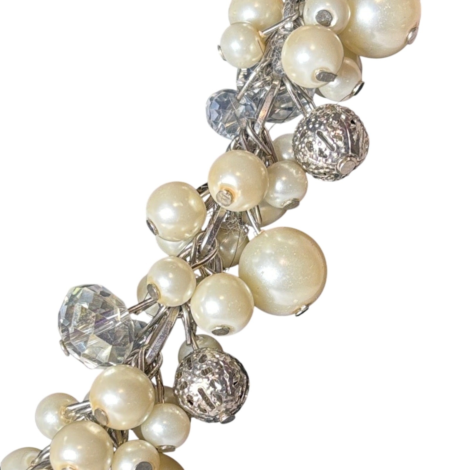Faux Pearl Cluster Necklace 18” + Extender Silver Tone Statement Bridal Wedding