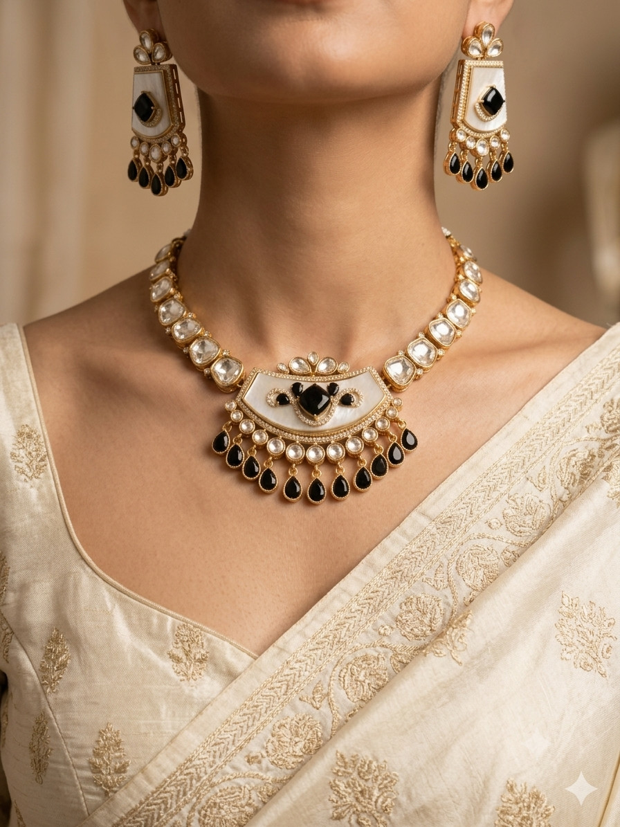 Black Luxury Onyx Mother of Pearl Polki Necklac Matching Earrings Roz Jewellers.