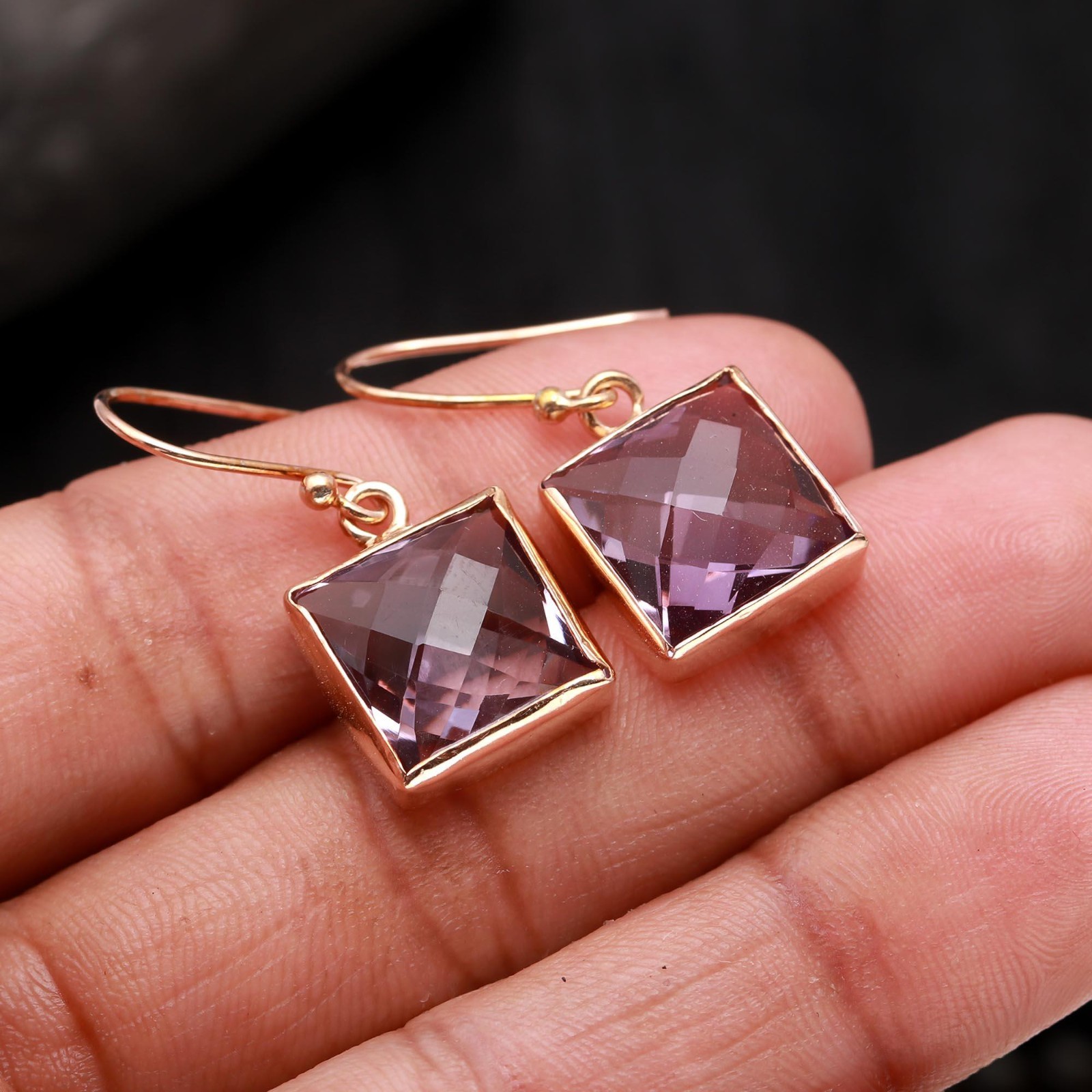Nature Pink Amethyst Square Dangle Earrings Rose Gold Fill Solid Silver Jewelry