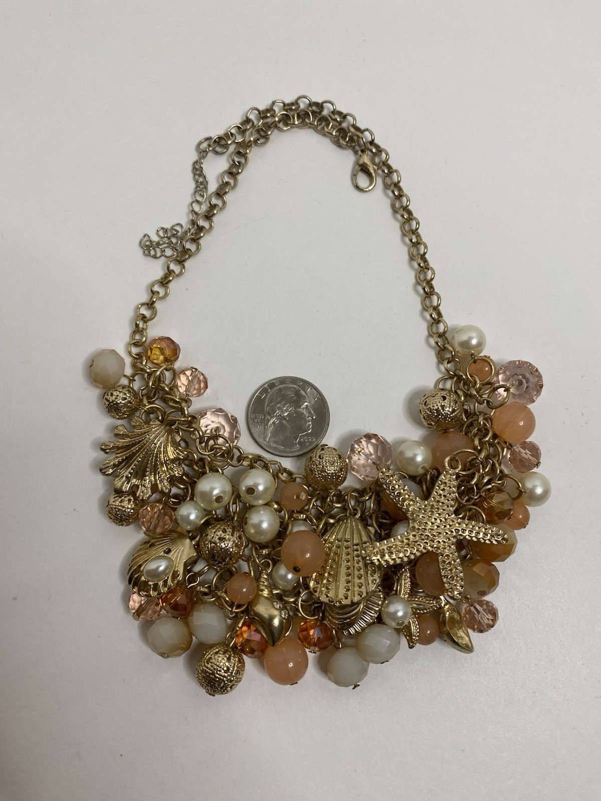 Coastal Statement Bib Necklace Shell Starfish Beaded Cha Cha Faux Pearls Charms