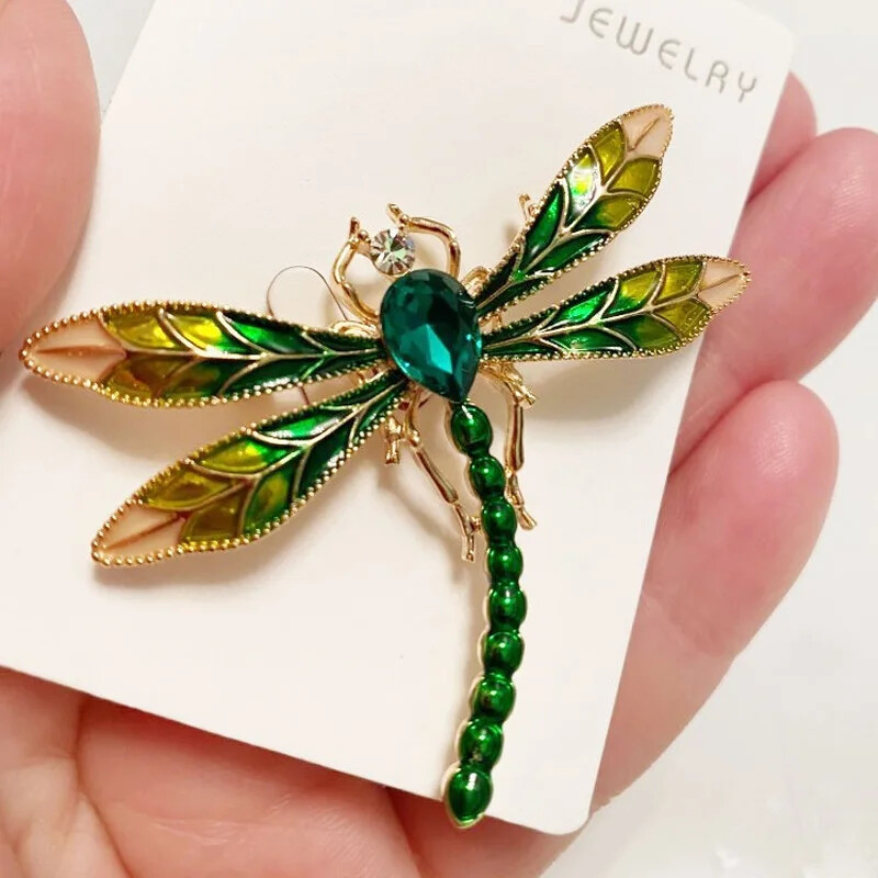 Green Crystal Enamel Dragonfly Brooch Metal Insects Weddings Banquet Pins Gifts