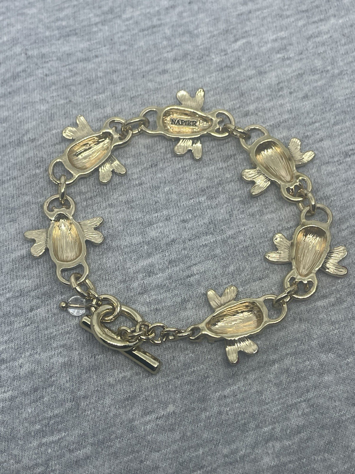 Napier Signed GoldTone Beetle Bee Bug Enamel Rhinestones 7.4” Bracelet