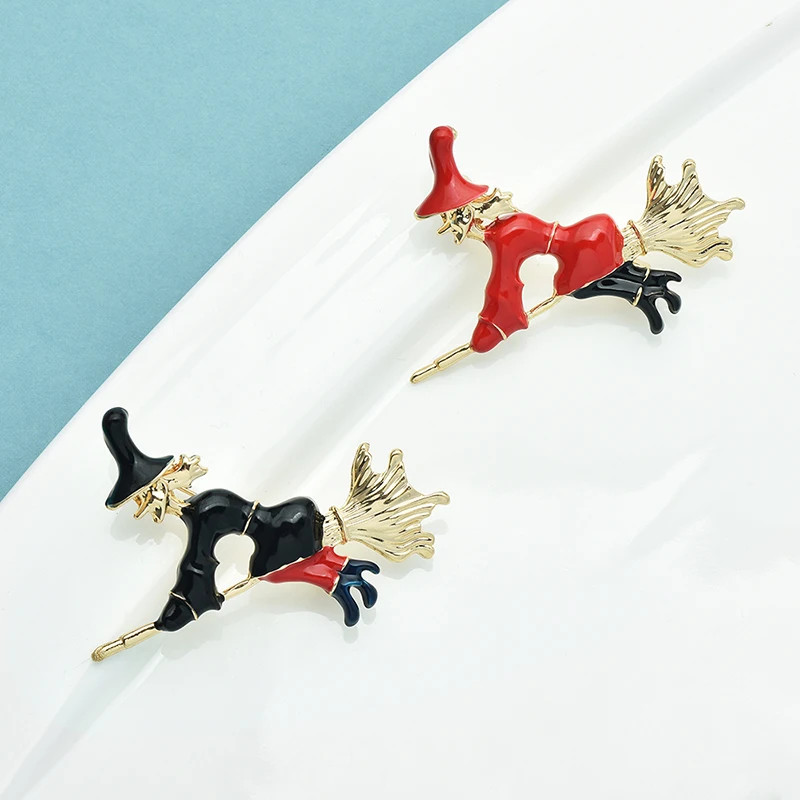 Red Gold Tone Halloween Witch Enamel Brooch Pin –Broomstick Costume Jewelry Gift