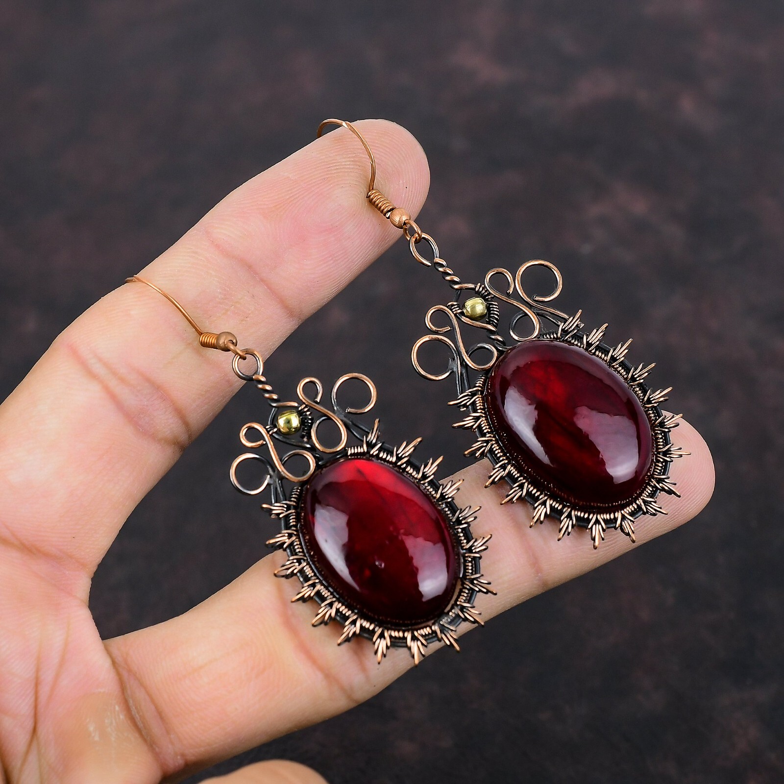 Red Fire Labradorite Wire Wrapped Drop/Dangle Earrings Copper For Women 2.68″