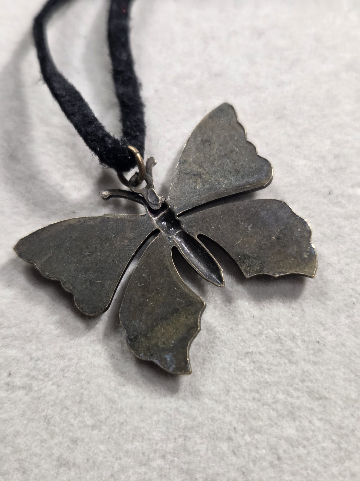 Anne Koplik Designs Blue Enamel Butterfly Pendant Necklace 18″ Leather Cord USA