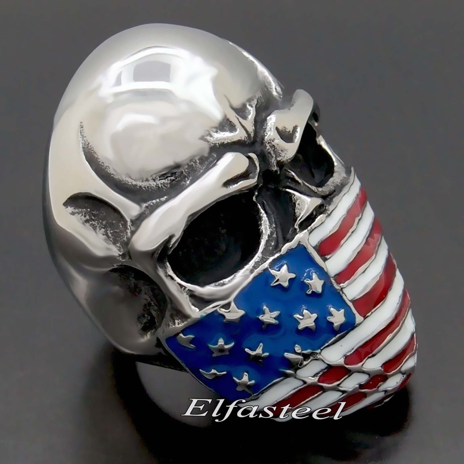 Men’s Large American Flag Mask Skull 316L Stainless Steel Biker Ring