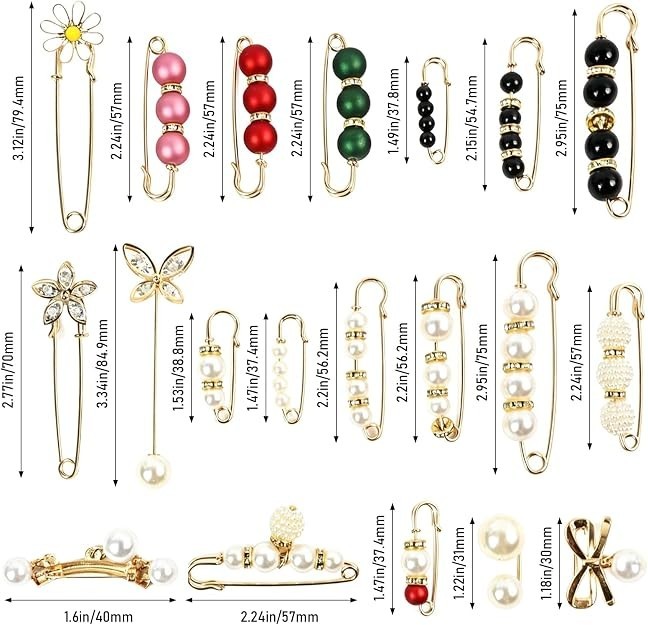 20 Pieces Pearl Crystal Brooch Safety Pins, Pant Waist Tightener & Junk Socks Ch