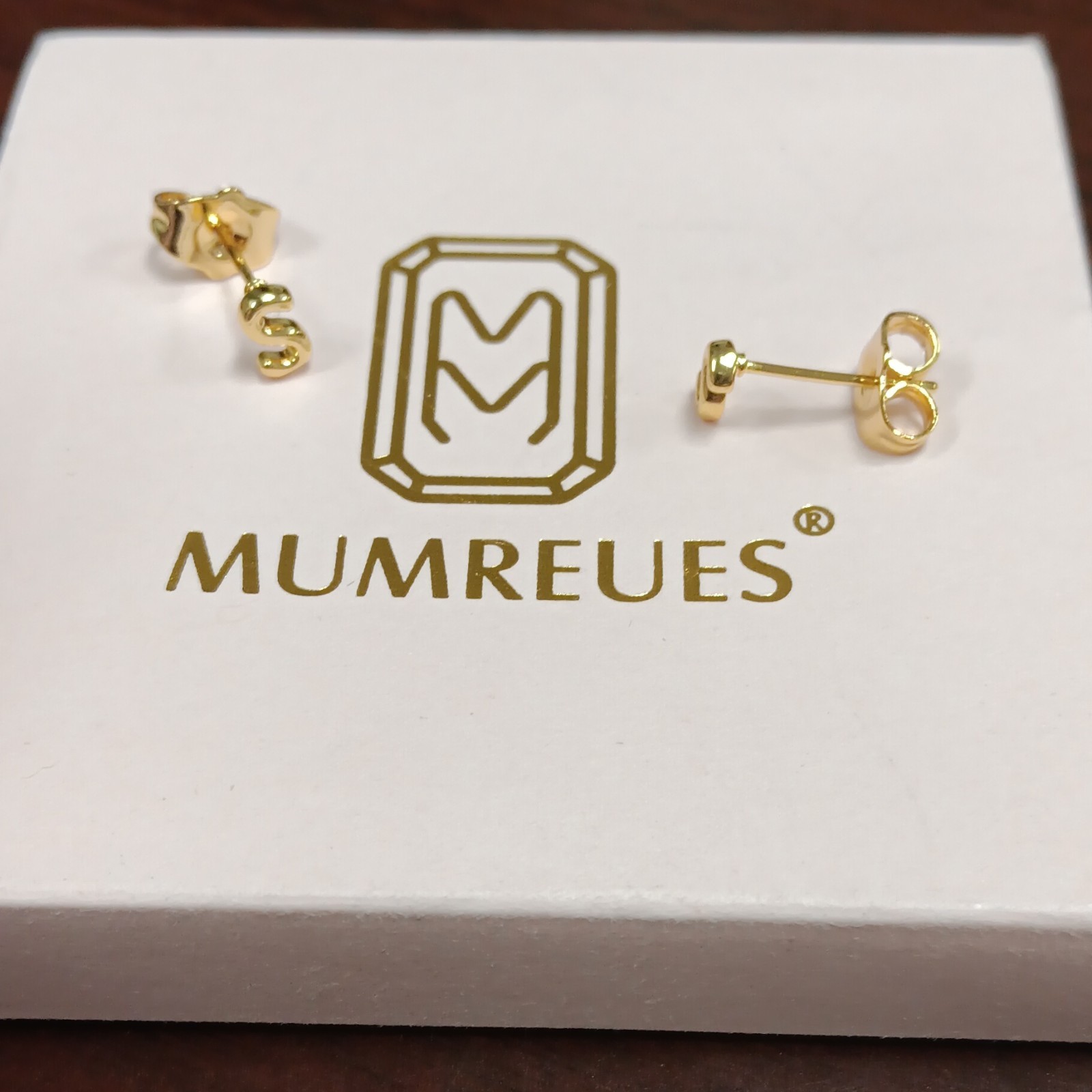 MUMREUES Gold Tone Initial “S” Stud Earrings Butterfly Back