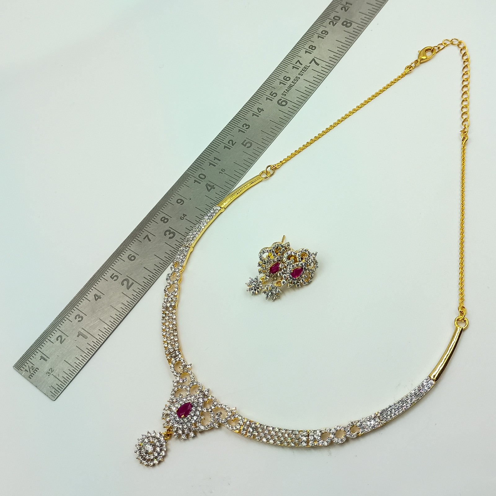 22k Gold Plated Ruby CZ Diamond Choker Necklace Set South Indian Ethnic Set