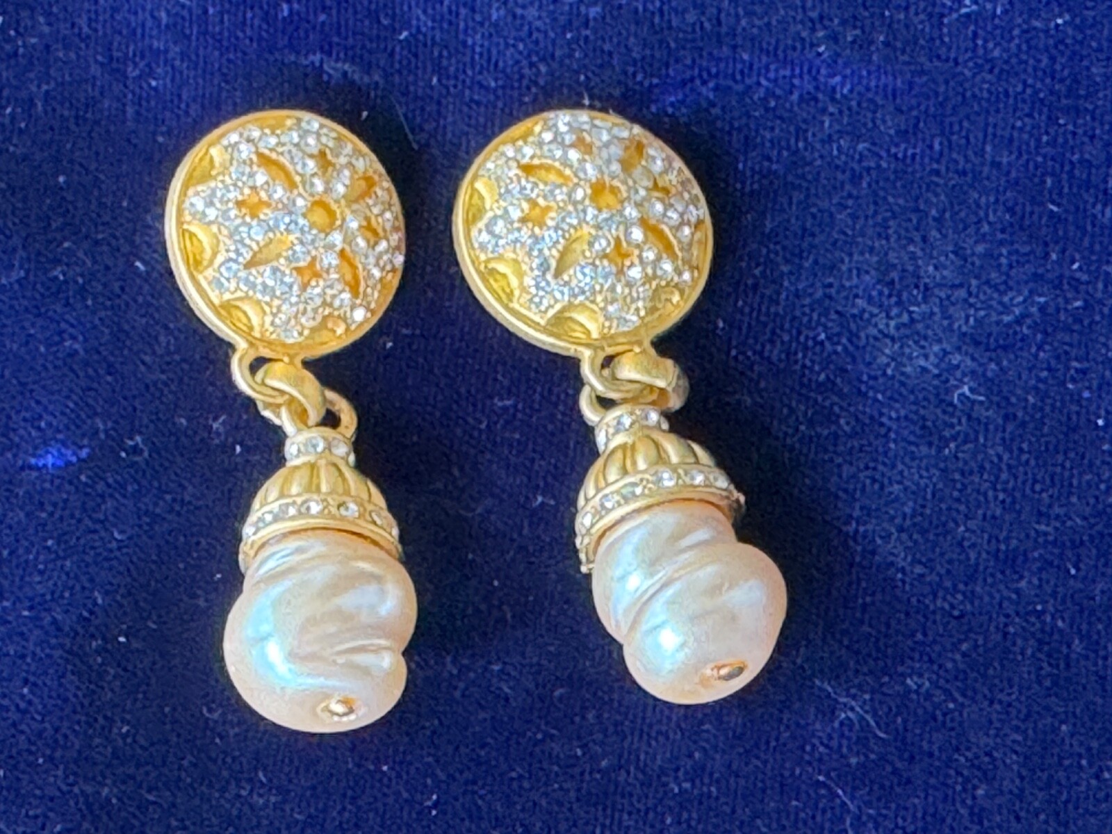 Linda Levinson gold Tone Clip-on Earrings With Crystals and Faux Pearl