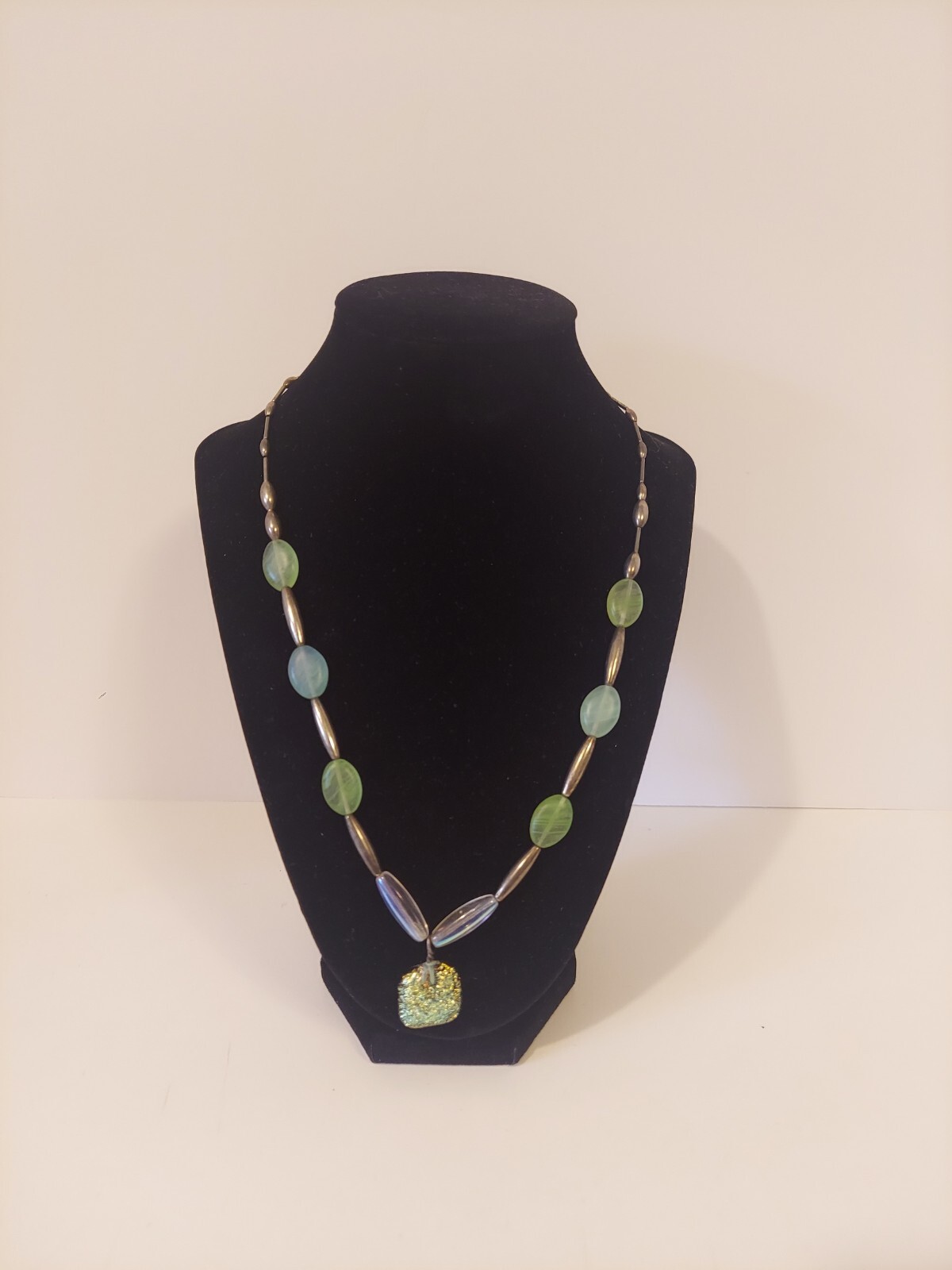 Silver Green Blue Beaded Necklace With Dichroic Glass Pendant