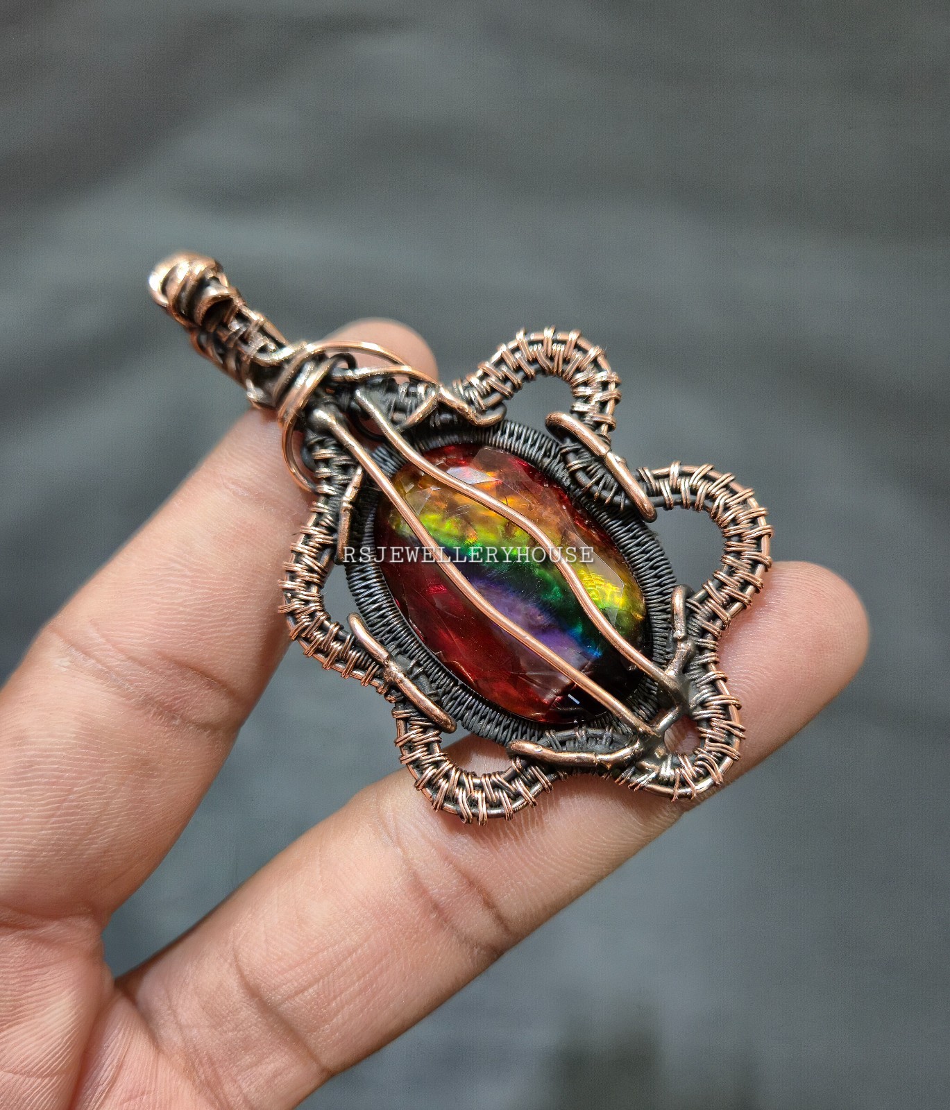 Ammolite Gemstone Copper Wire Wrap Pendant Handmade Jewelry Gift For Love