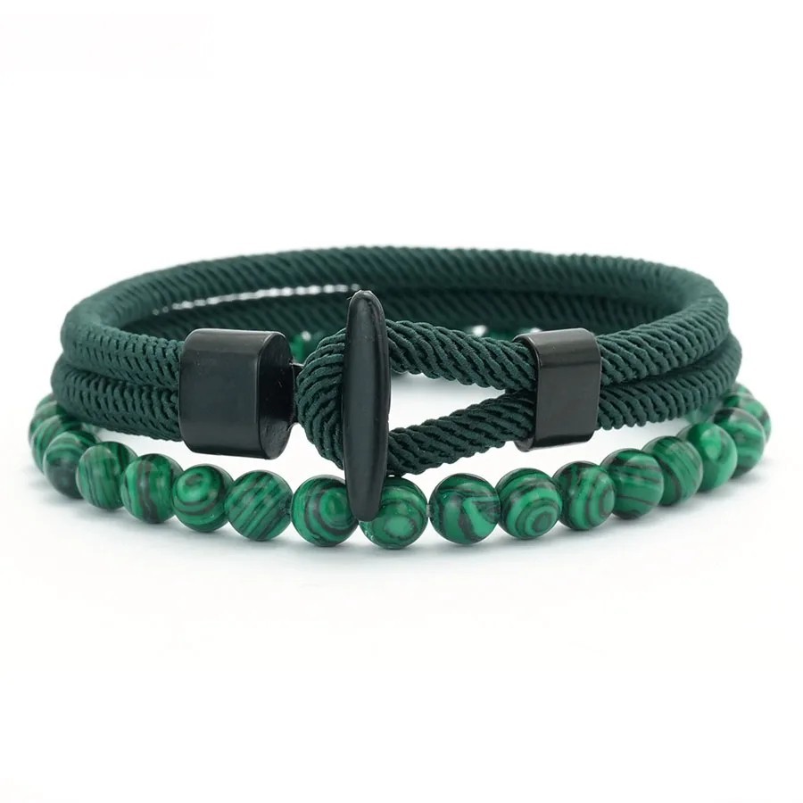 2PCS Men’s Beaded Rope Bracelet Set Tiger Eye & Malachite Stone Handmade Jewelry
