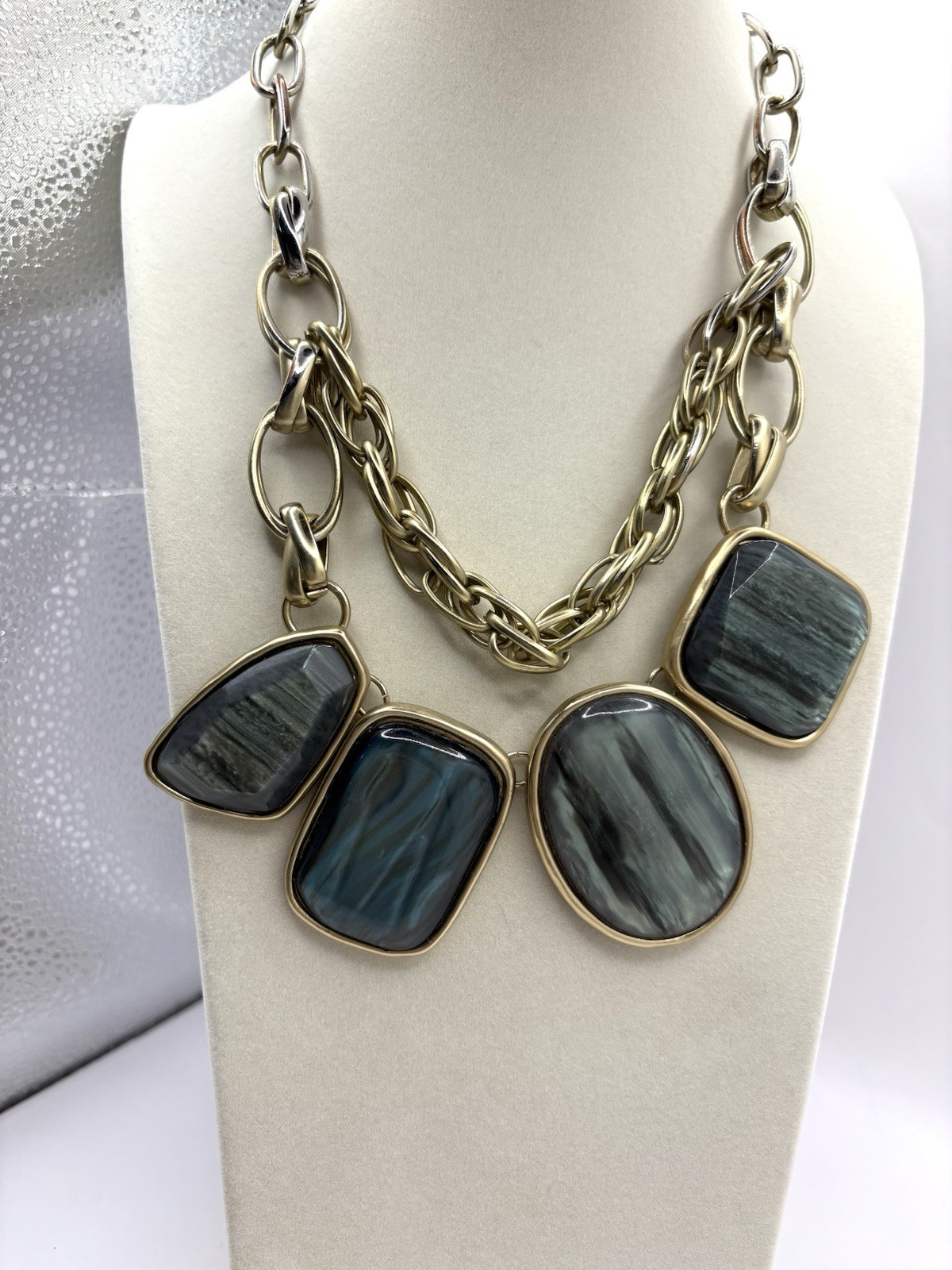 Two Tone Metal Chicos Chunky Bib Statement Couture Necklace Gray Cabochon