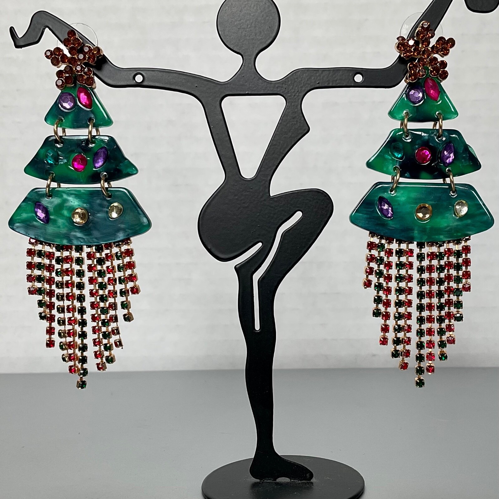 NOIR Funky Statement Christmas Tree Dangle Earrings Acrylic & Rhinestones