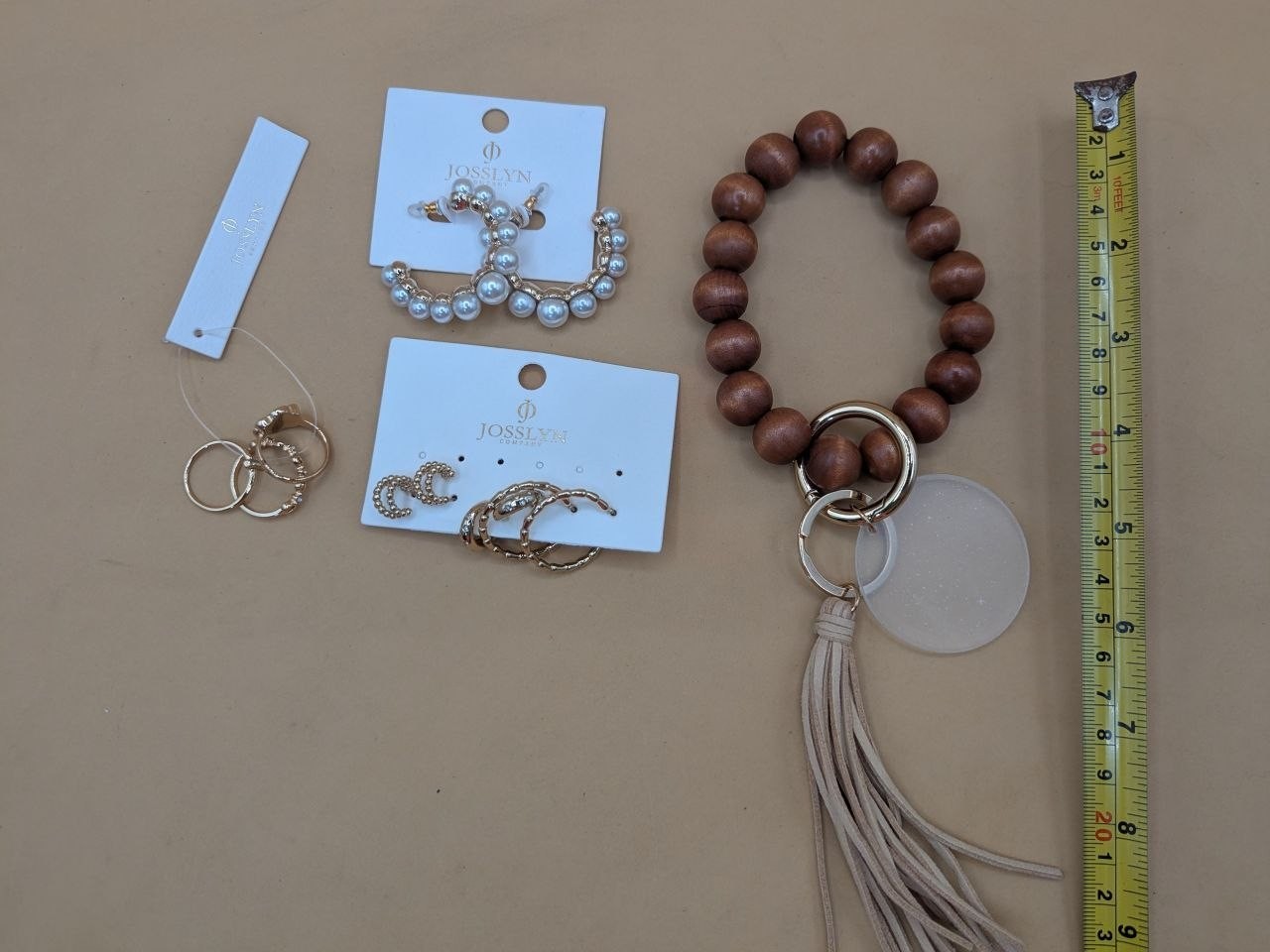 2020s Josslyn Costume Jewelry Earrings Lot Wood Bead Wristlet Keychain Tassel