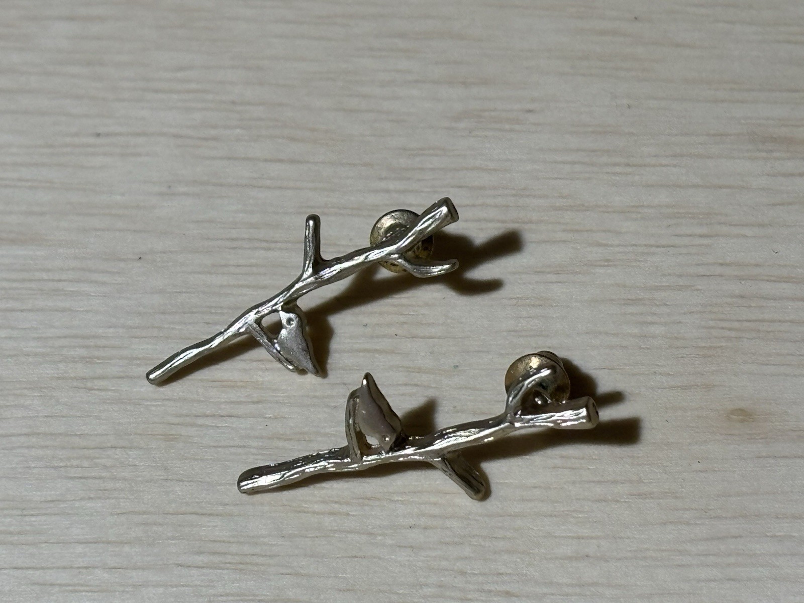 Twig Branch With Bird Earrings Pierced Drop Silver Tone Avian Nature Inspired
