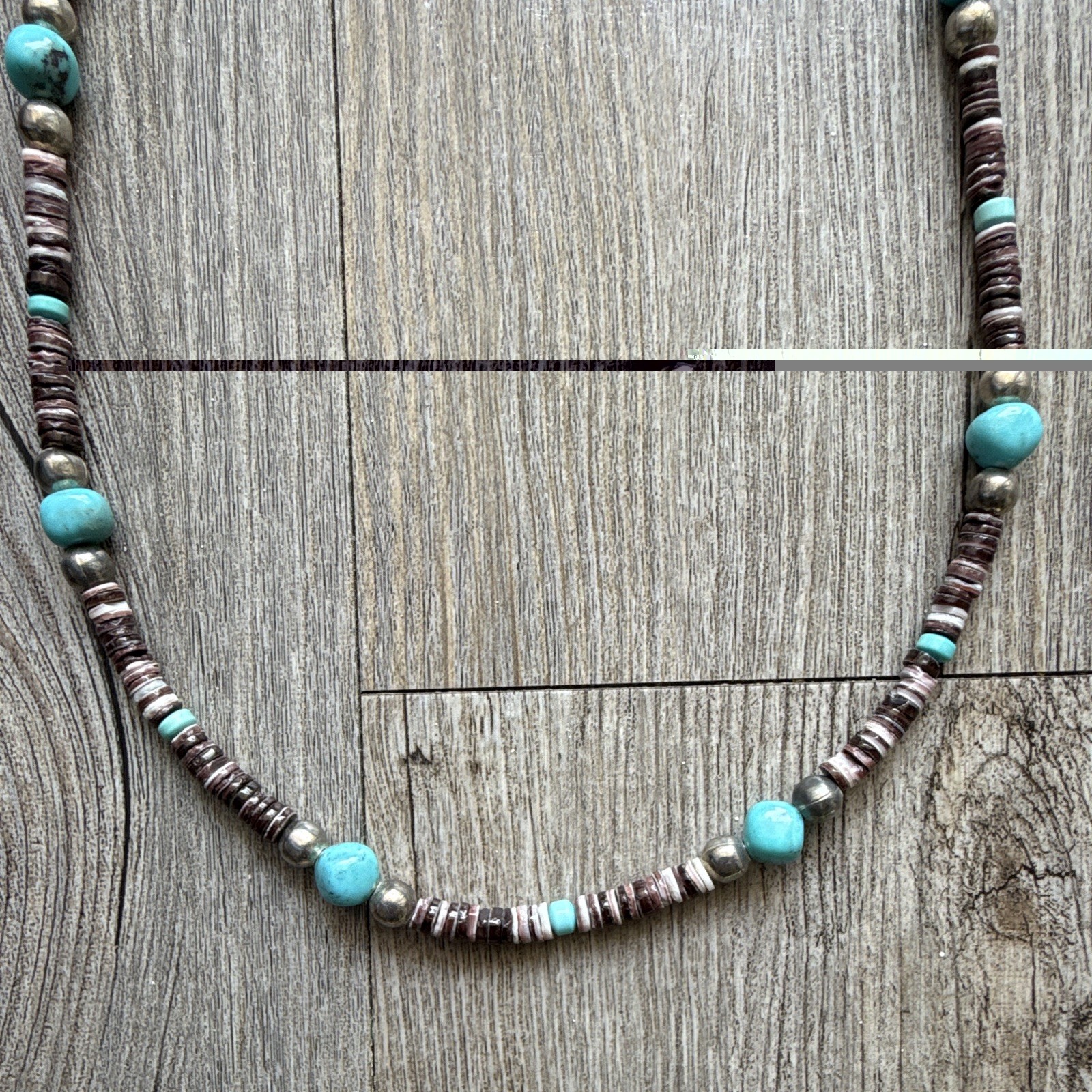 Beaded Necklace Turquoise Round Blue Beads Brown Heishi Silver Metal Hook Clasp