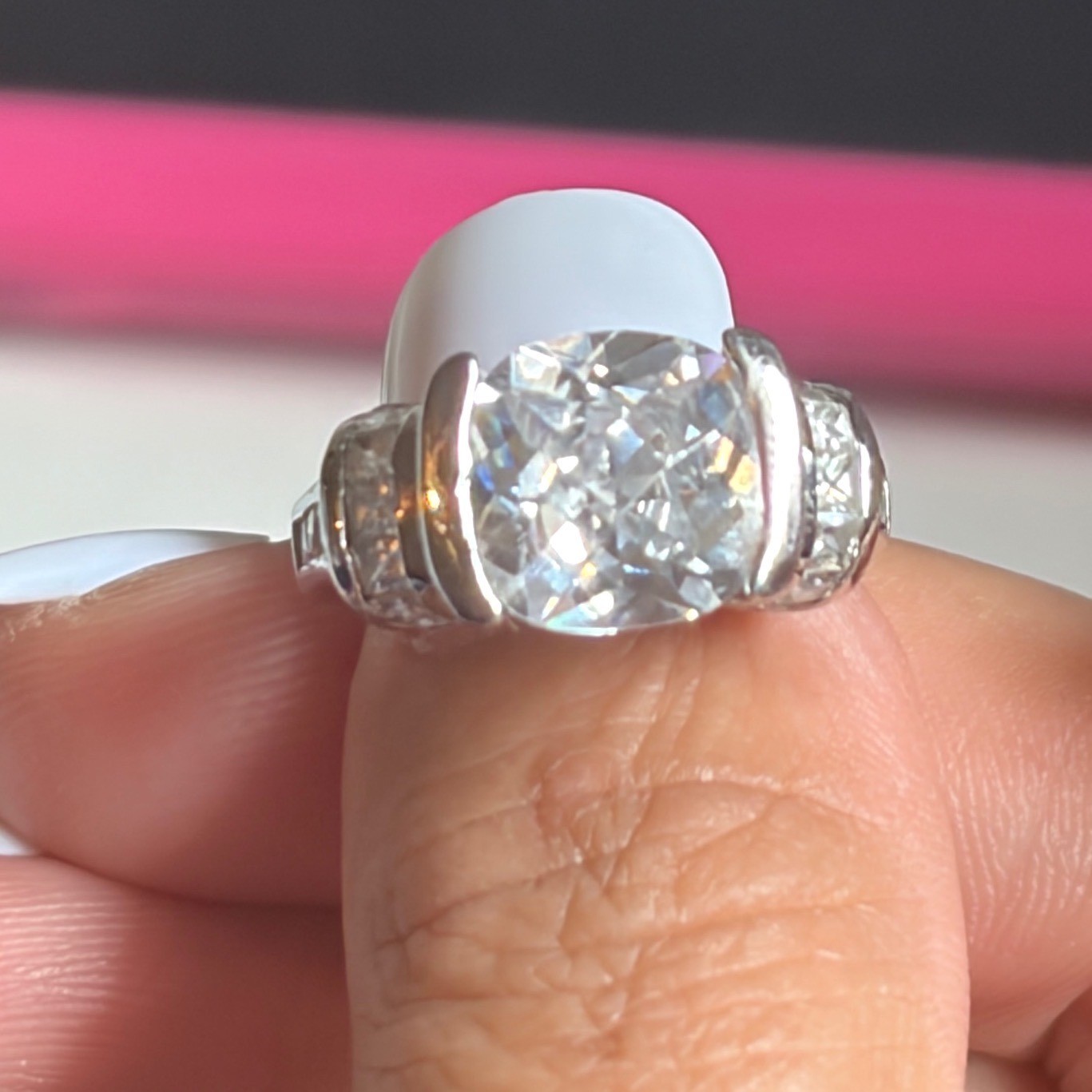 Sterling Silver 925 Cushion Cut Cubic Zirconia Tension Bar Set Statement SZ 6