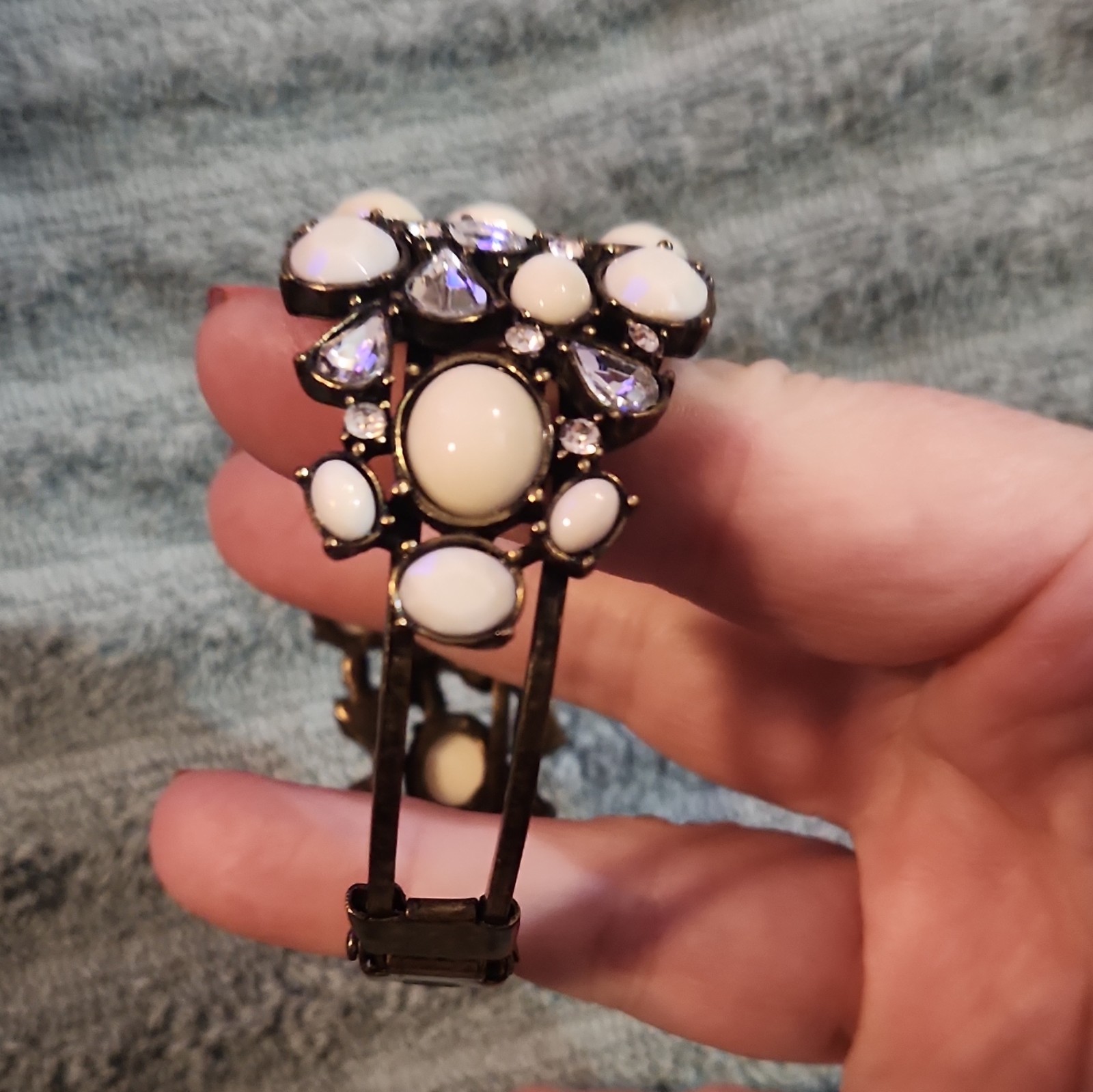 Hinged Cuff Bracelet Black w/ Oval Ivory Cabochons & Purple Rhinestones