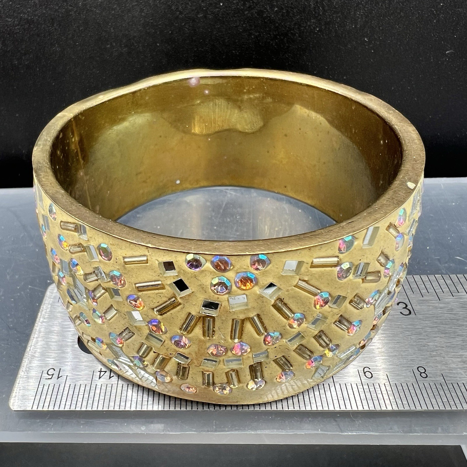 Wide Cuff AB Rhinestone Mirror Studded Runway Bracelet Gold Tone Statement