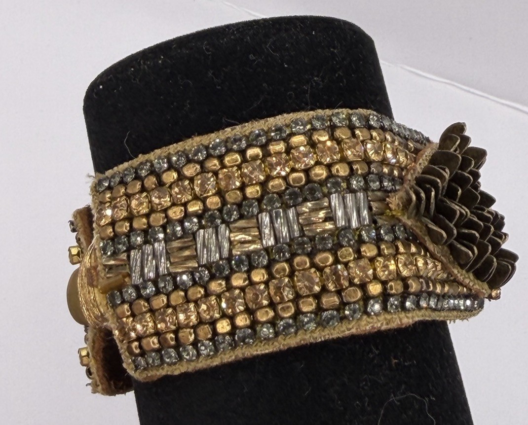 NWT Signed Deepa Gurnani Brass And Leather Bracelet With Stones 7.25”