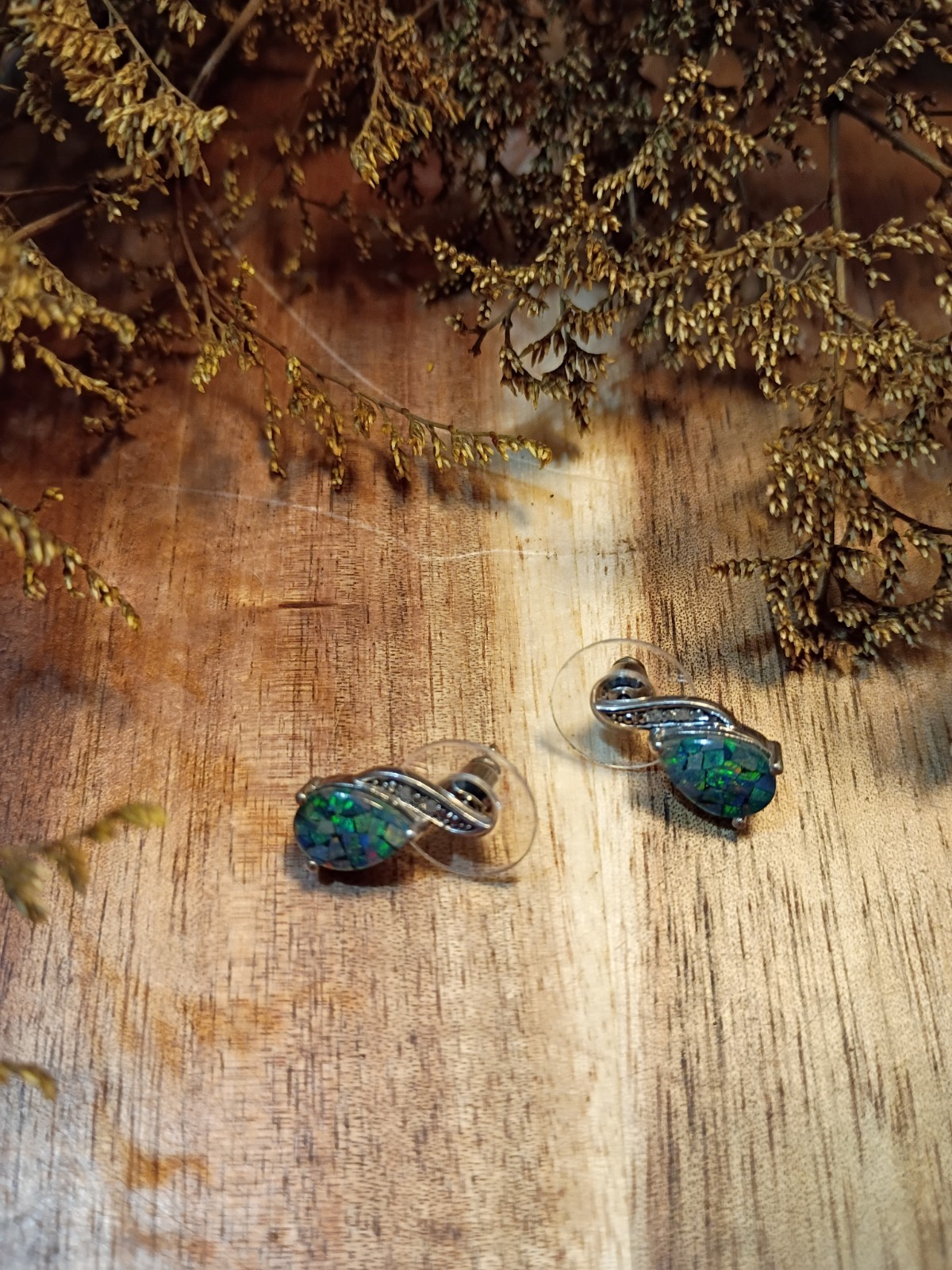 Vintage Mosaic Fire Opal Teardrop & Rhinestone 925 STS Post Earrings