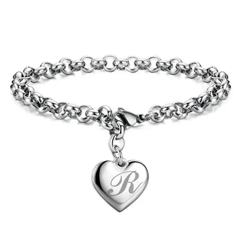925 Sterling Silver Jewelry A-Z Letter Trinket Heart Bracelet –