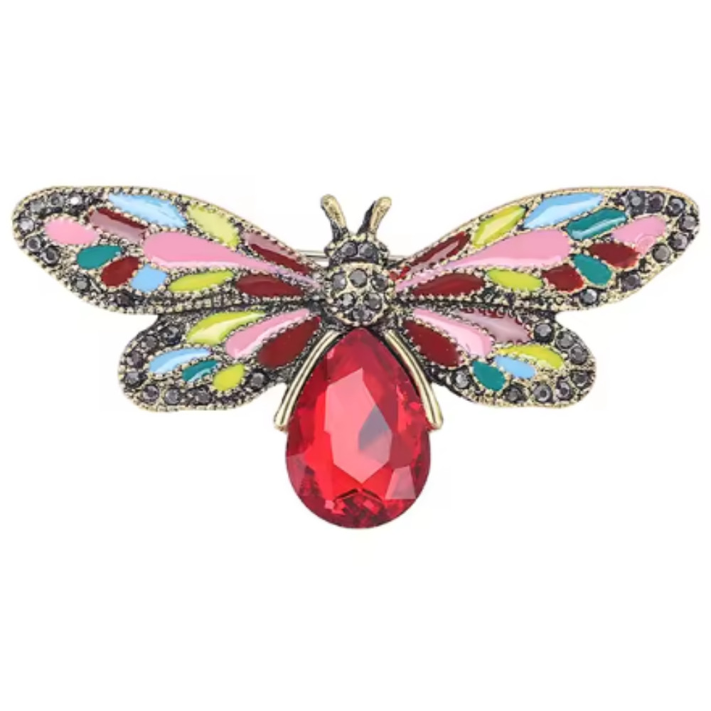 Cute Red Crystal Bee Brooch Gold Tone Pin -Rhinestone Insect Jewelry Summer Gift