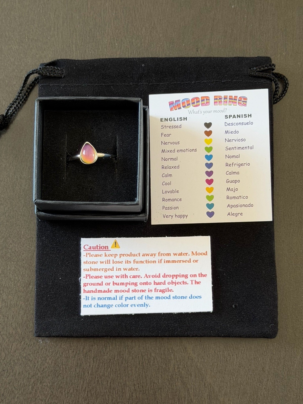 Teardrop Stone Pear Shape Bezel Stainless Steel Silver Mood Ring Size 12