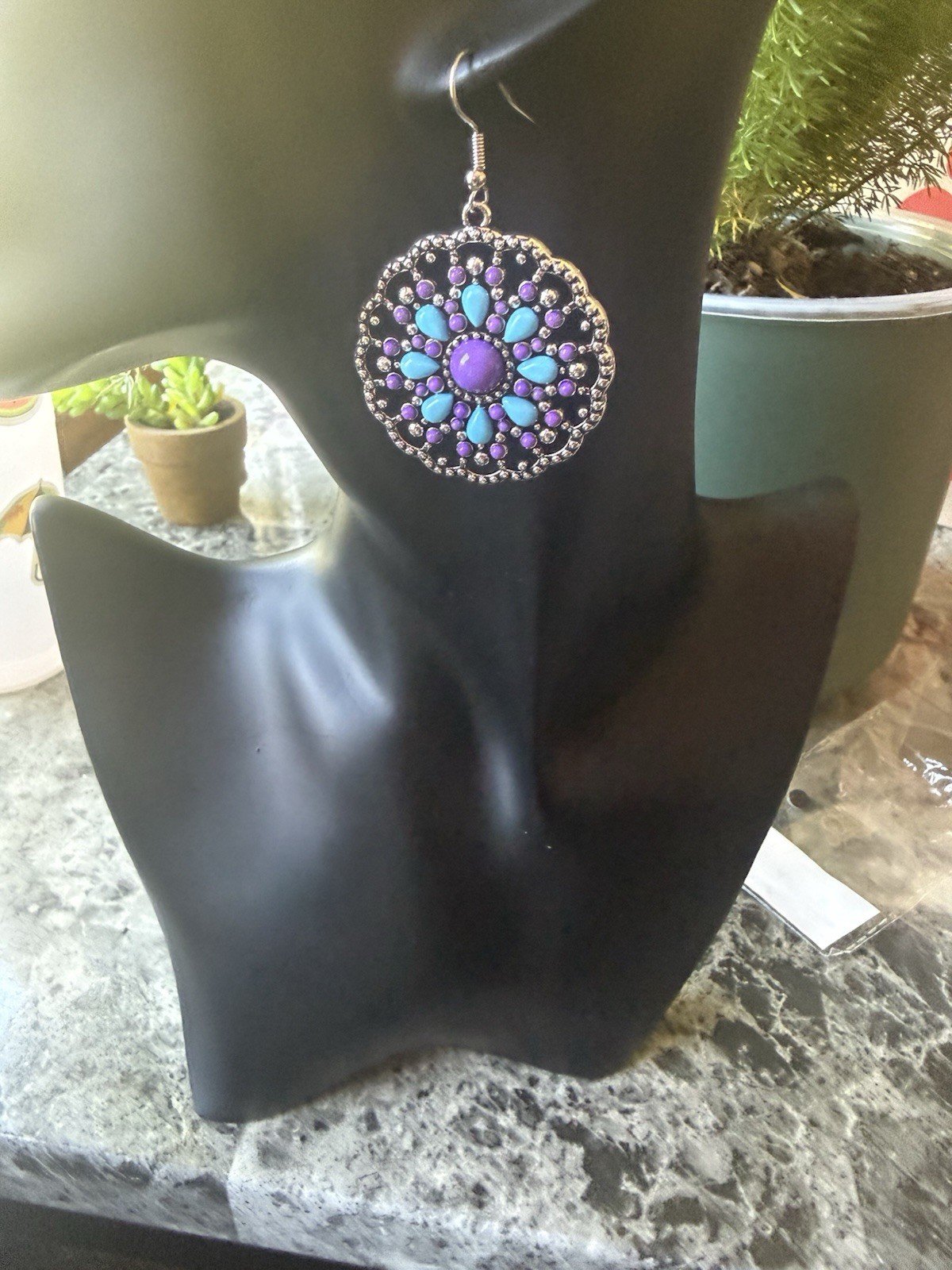 Silver Tone Purple & Blue Round Crystal Cluster Hook Dangle Earrings