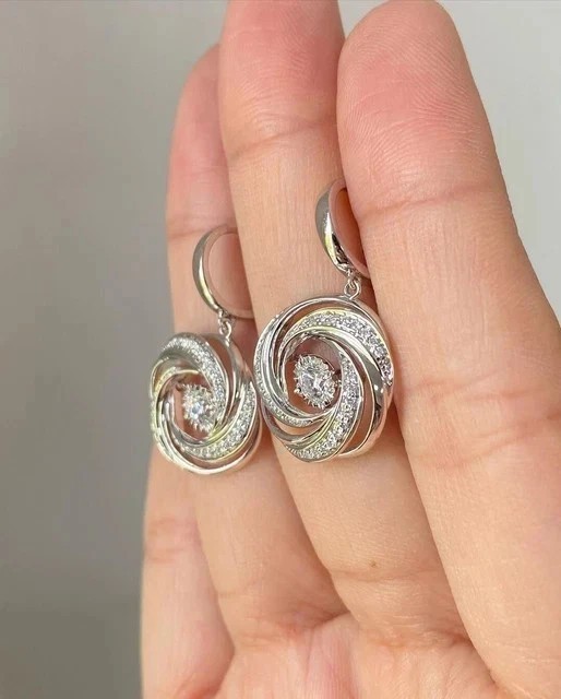 Swirl Shape Drop Clip On Earrings Round Simulated Diamond 14k White Gold Plated